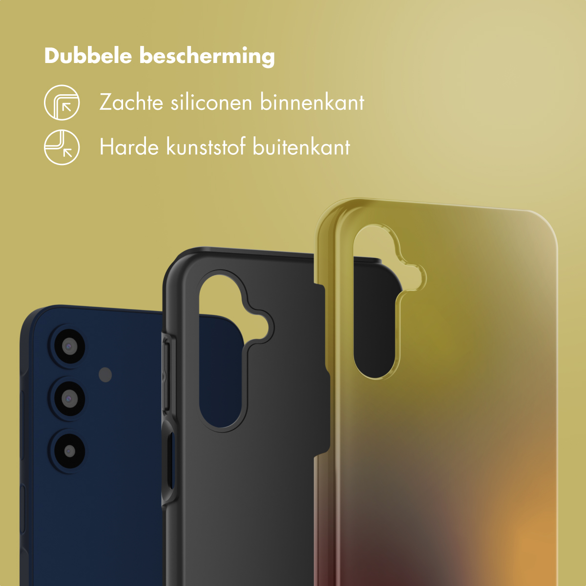 Tre custodie per telefoni di colori: blu, nero e giallo-rosso sfumato. Testo olandese: 'Doppia protezione'.