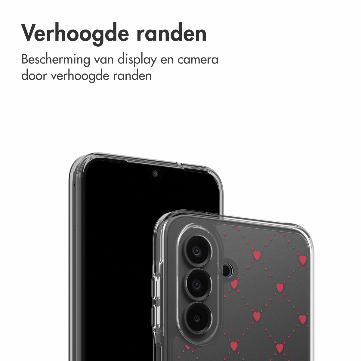 Twee transparante telefoonhoesjes, één bedekt een zwarte telefoon. Het hoesje rechts heeft rode harten. De achtergrond is wit.
