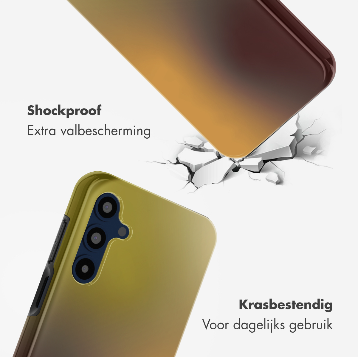 Custodie per telefono con sfumatura giallo-marrone, una sopra, che cadono e rompono una superficie. Testo: Antiurto, resistente ai graffi.