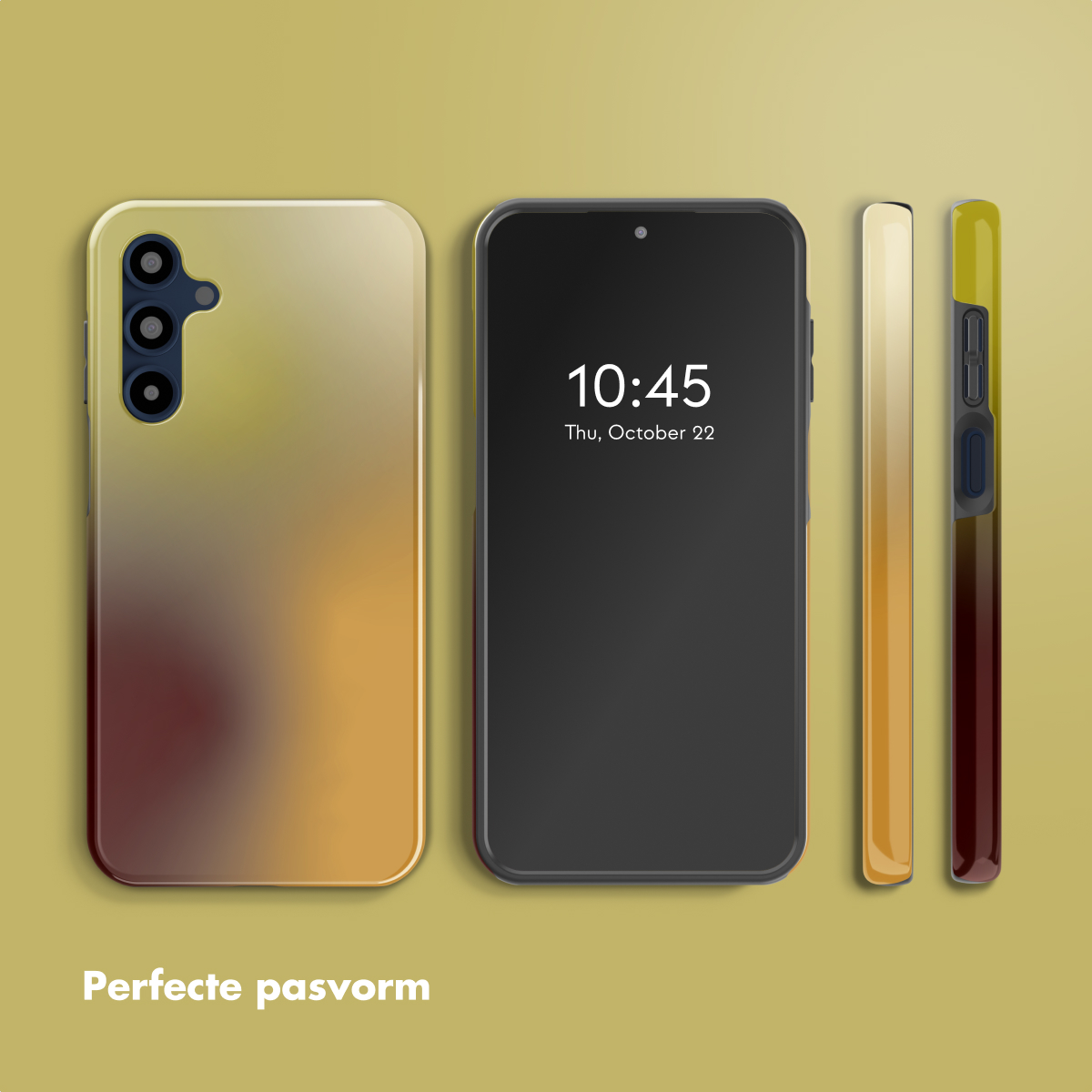 Un telefono e la sua custodia, in diverse viste. Il telefono mostra l'ora. La custodia ha sfumature di colore.