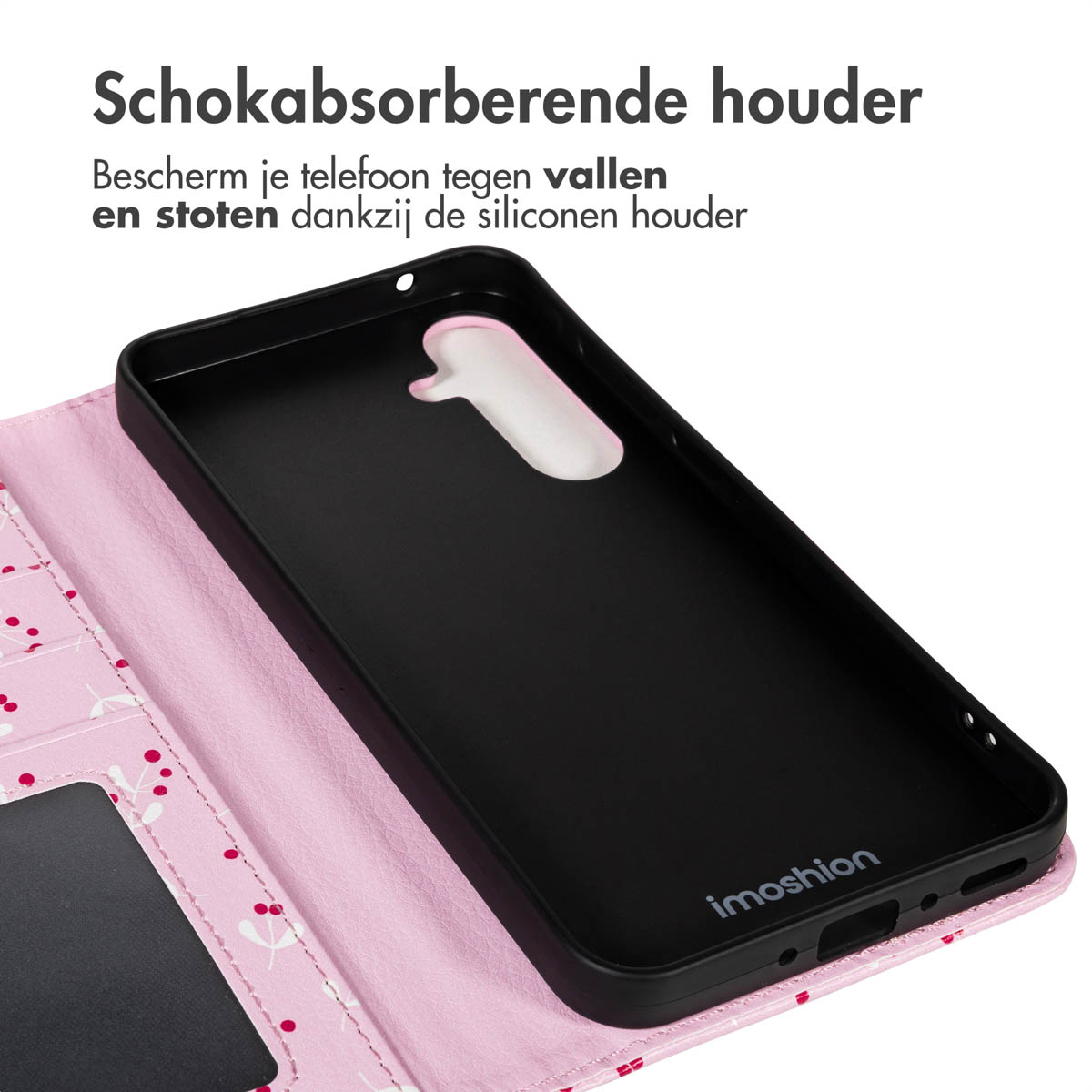 Een zwarte telefoonhoes met roze bloemenpatroon. De hoes is open en onthult de binnenkant. Tekst: Schokabsorberende houder.