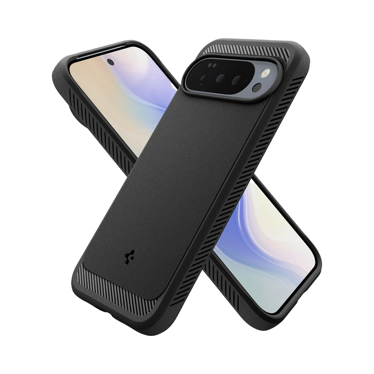 Deux coques de téléphone noires avec design protecteur se croisent sur fond blanc. L'une montre un écran de téléphone.