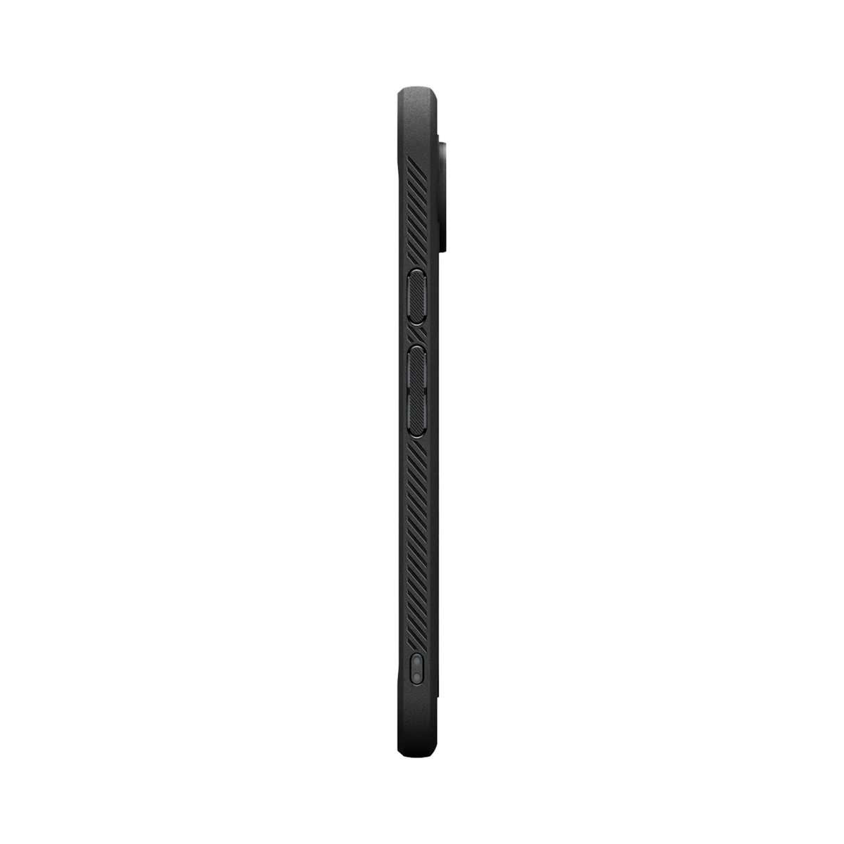 Un étui de téléphone noir est affiché de profil. L'étui a des boutons sur le côté et un dos texturé, sur fond blanc.