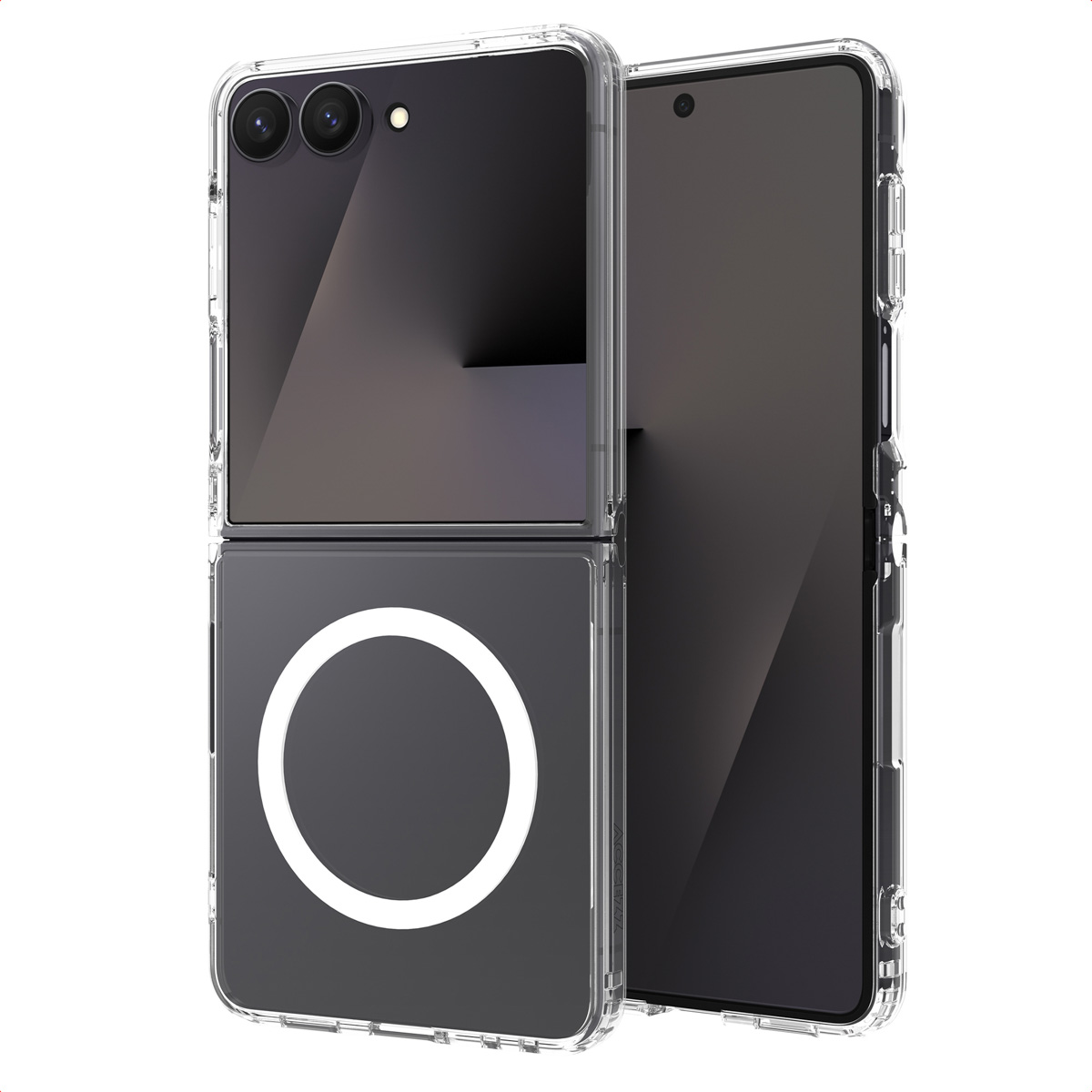 Transparante telefoonhoes met flip-ontwerp. Voorzien van dubbele camera's, een opvallende witte cirkel en een schermbeschermer.