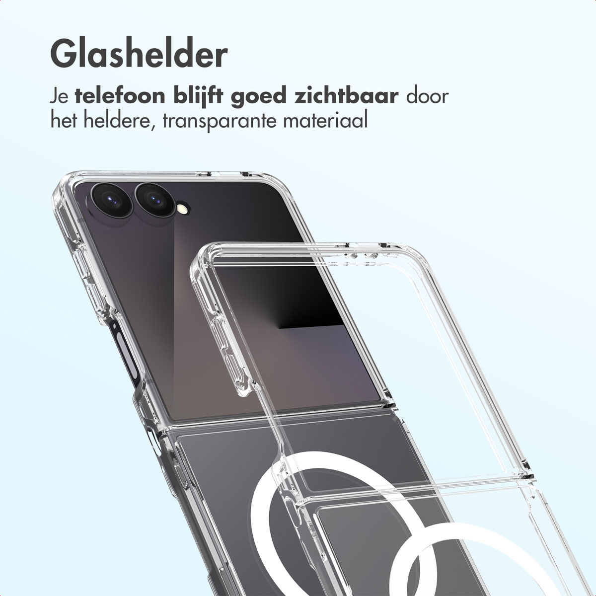 Transparante telefoonhoes op een telefoon. Tekst: 'Glashelder' en 'Je telefoon blijft goed zichtbaar'.