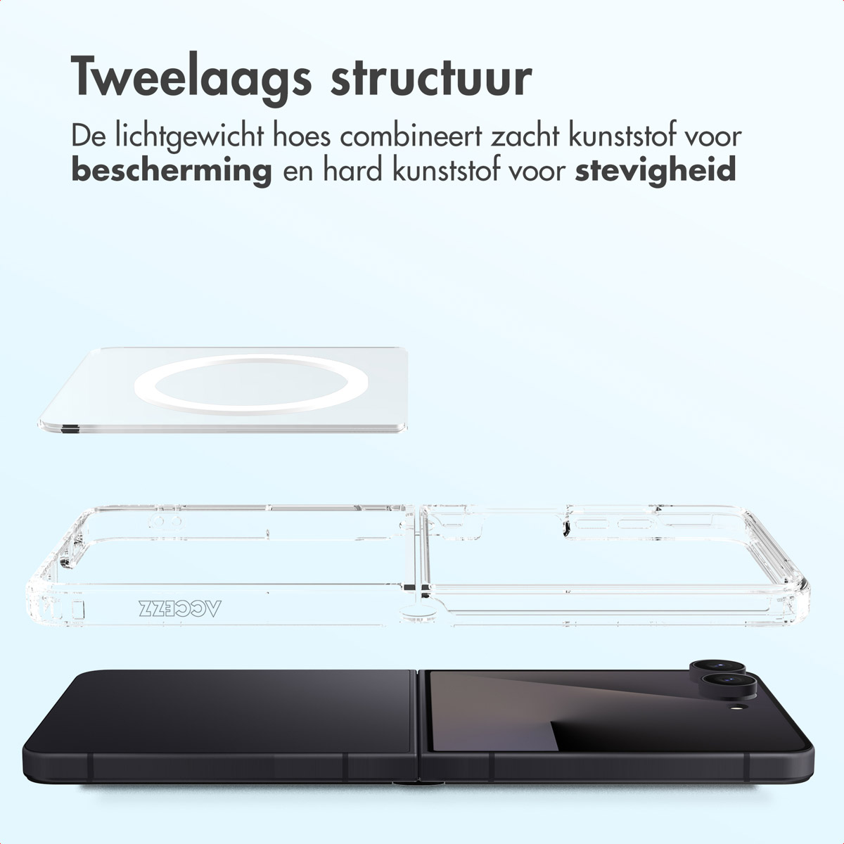 Afbeelding toont een telefoonhoesje en telefoon. De hoes is doorzichtig, de telefoon zwart. Bovenin Nederlandse tekst.