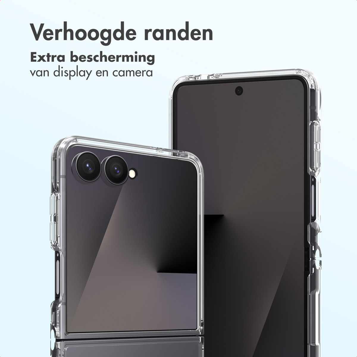 Twee smartphones in doorzichtige hoesjes, één met dubbele camera's, de andere met één. Tekst: Verhoogde randen, extra bescherming.