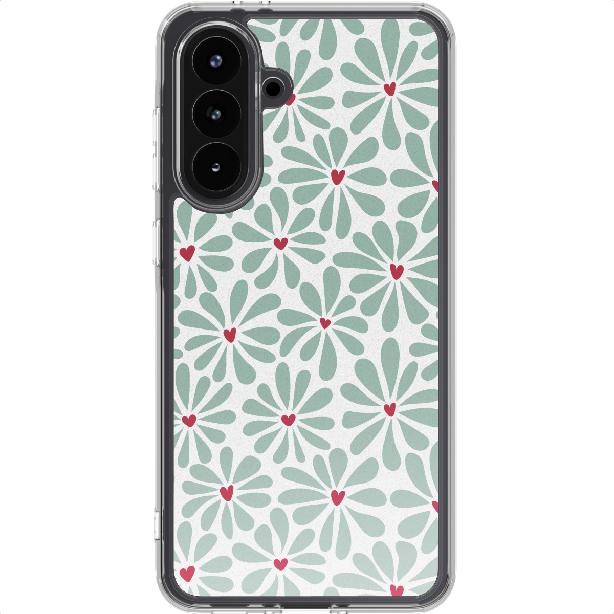 Een telefoonhoesje met een bloemenpatroon. Groene bloemen met rode harten op een witte achtergrond.
