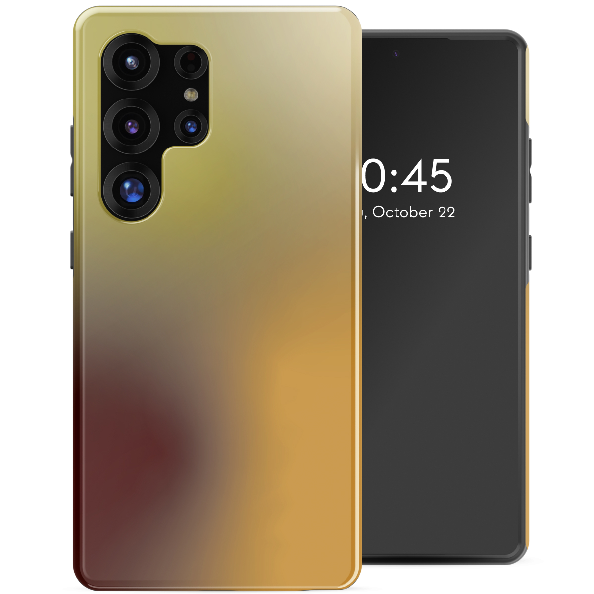 Een smartphone in een hoesje met een verloop van geel, oranje en bruin. Het scherm toont de tijd en datum. De achtergrond is wit.