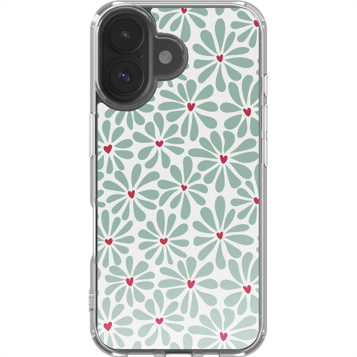 Une coque de téléphone avec un motif floral de pétales vert clair avec des centres en forme de cœur rouge sur fond blanc.