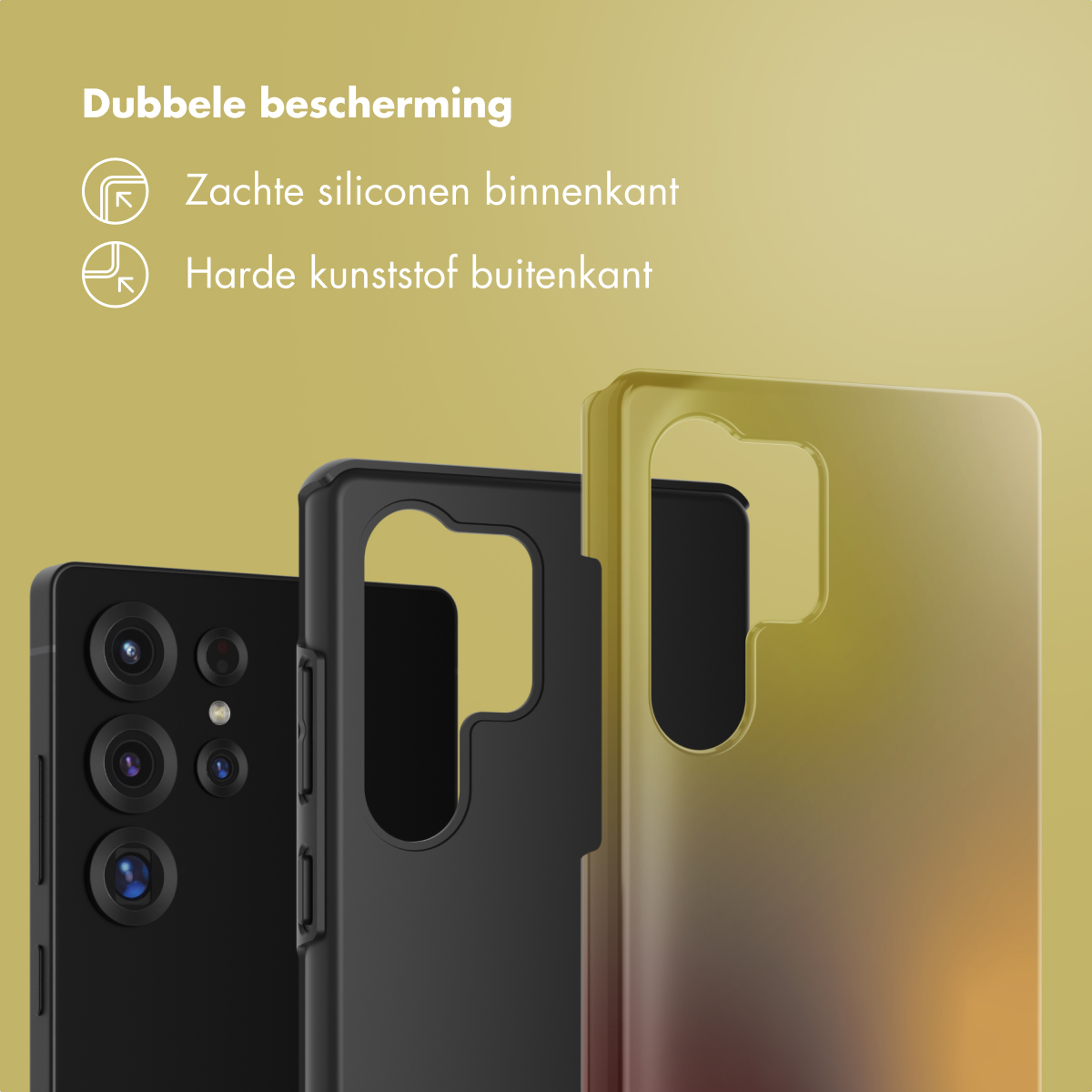 Afbeelding toont drie telefoonhoesjes: zwart, zwart en geelbruin. De hoesjes staan voor een gele achtergrond.