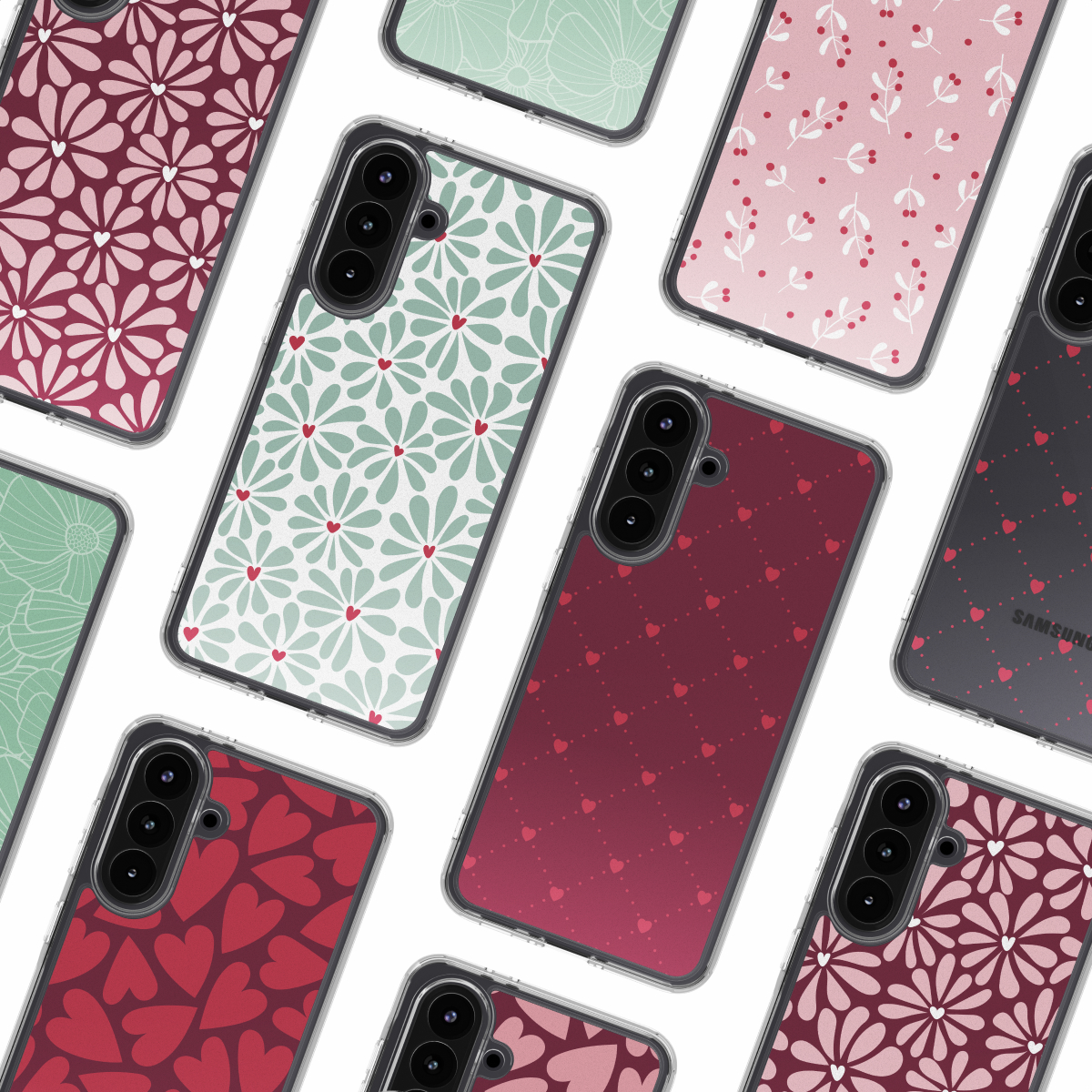 Er worden verschillende telefoonhoesjes getoond, elk met unieke ontwerpen, waaronder bloempatronen, harten en een verloopachtergrond.