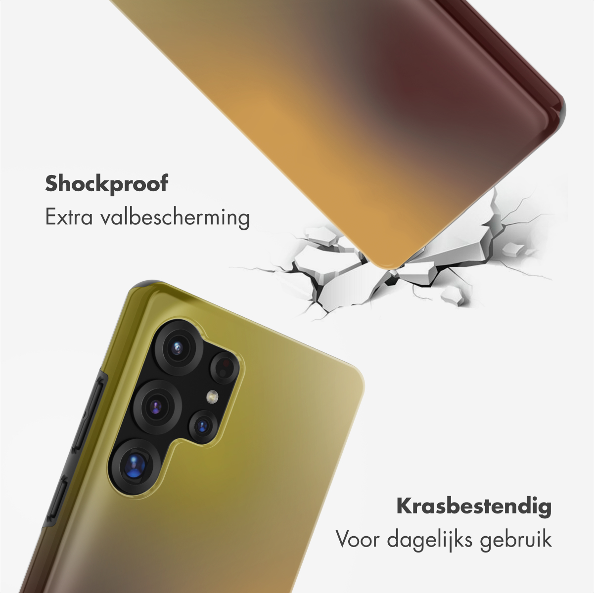 Telefoonhoesje in twee delen, dat op een oppervlak valt. Het oppervlak scheurt bij impact. Teksten: 'Schokbestendig' en 'Krasbestendig'.