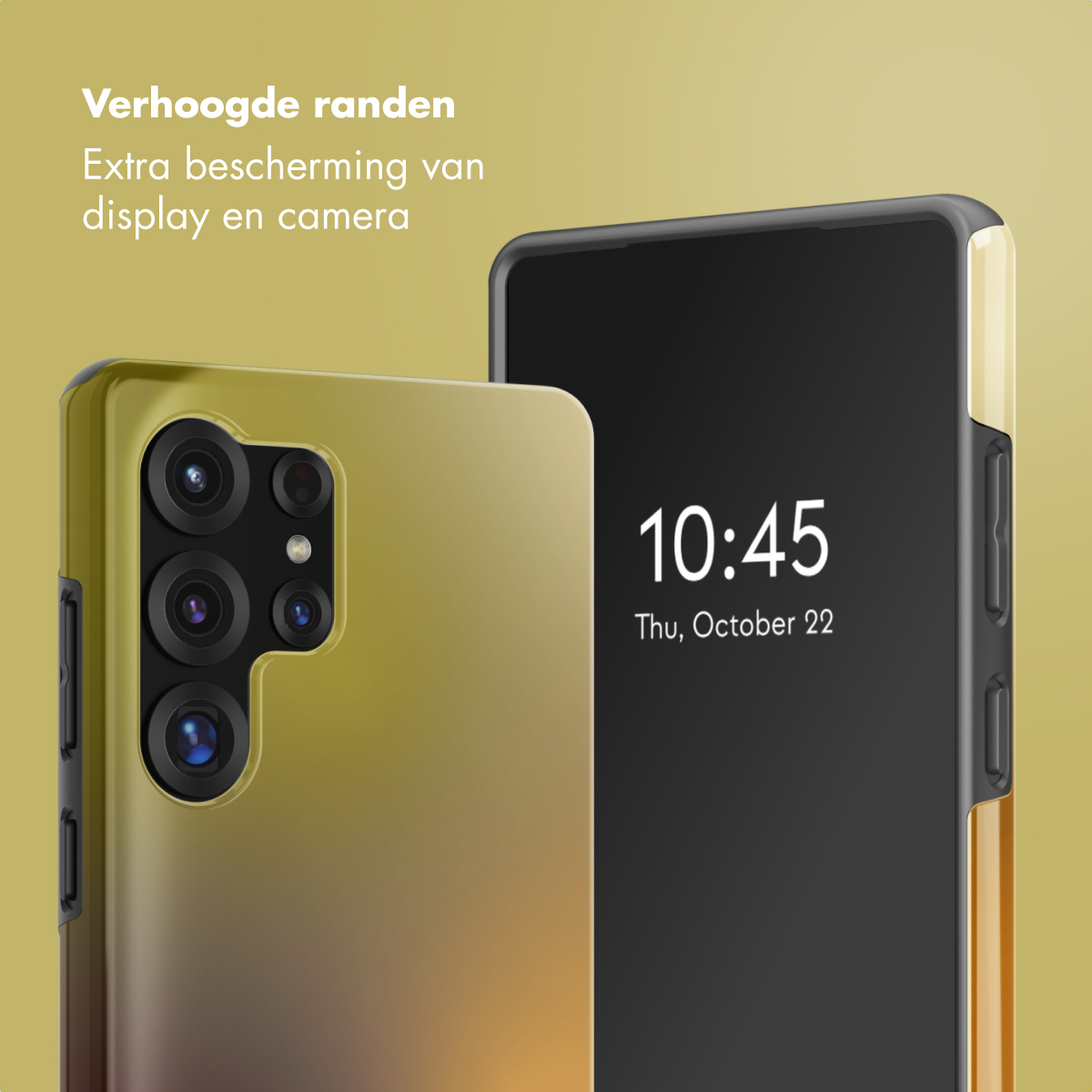 Twee smartphones, één met camerabult. Tijd: 10:45, datum 22 oktober. Beschermhoes op de telefoon links.