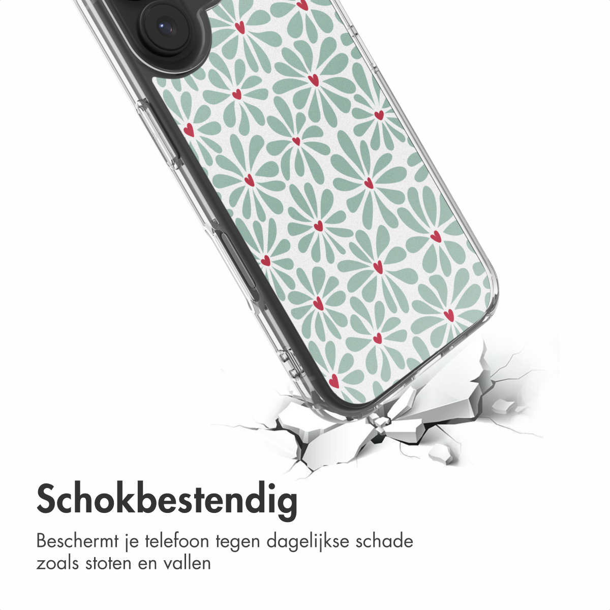 Coque transparente avec motif floral sur fond blanc, brisant une surface blanche. Texte : 'Schokbestendig'.