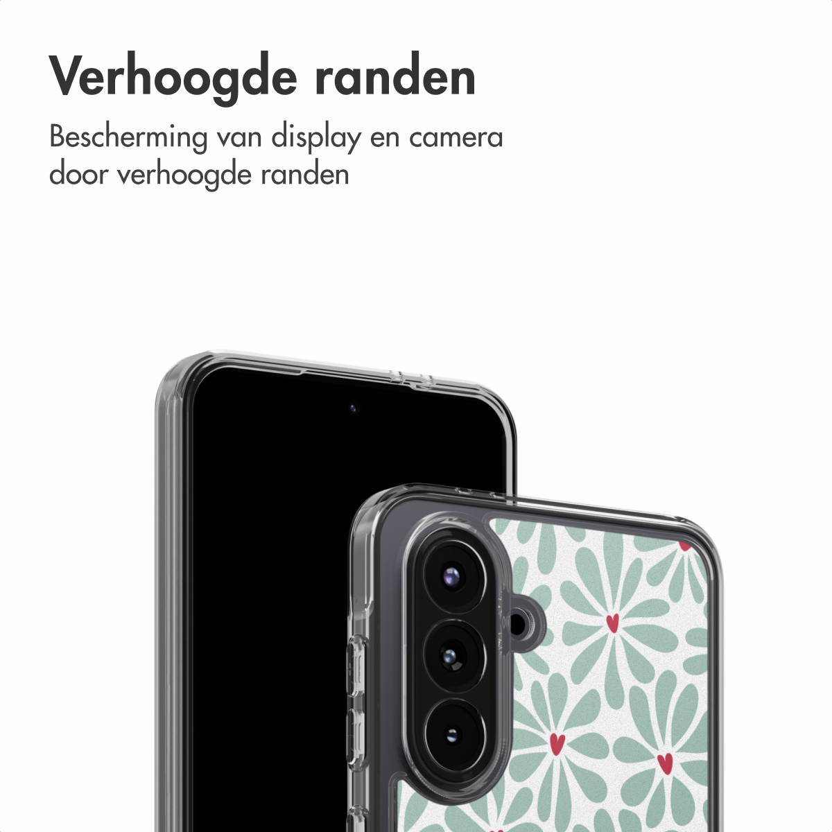 Twee smartphones, één met een doorzichtige hoes, de andere met een bloemenontwerp. De doorzichtige hoes toont de camera.