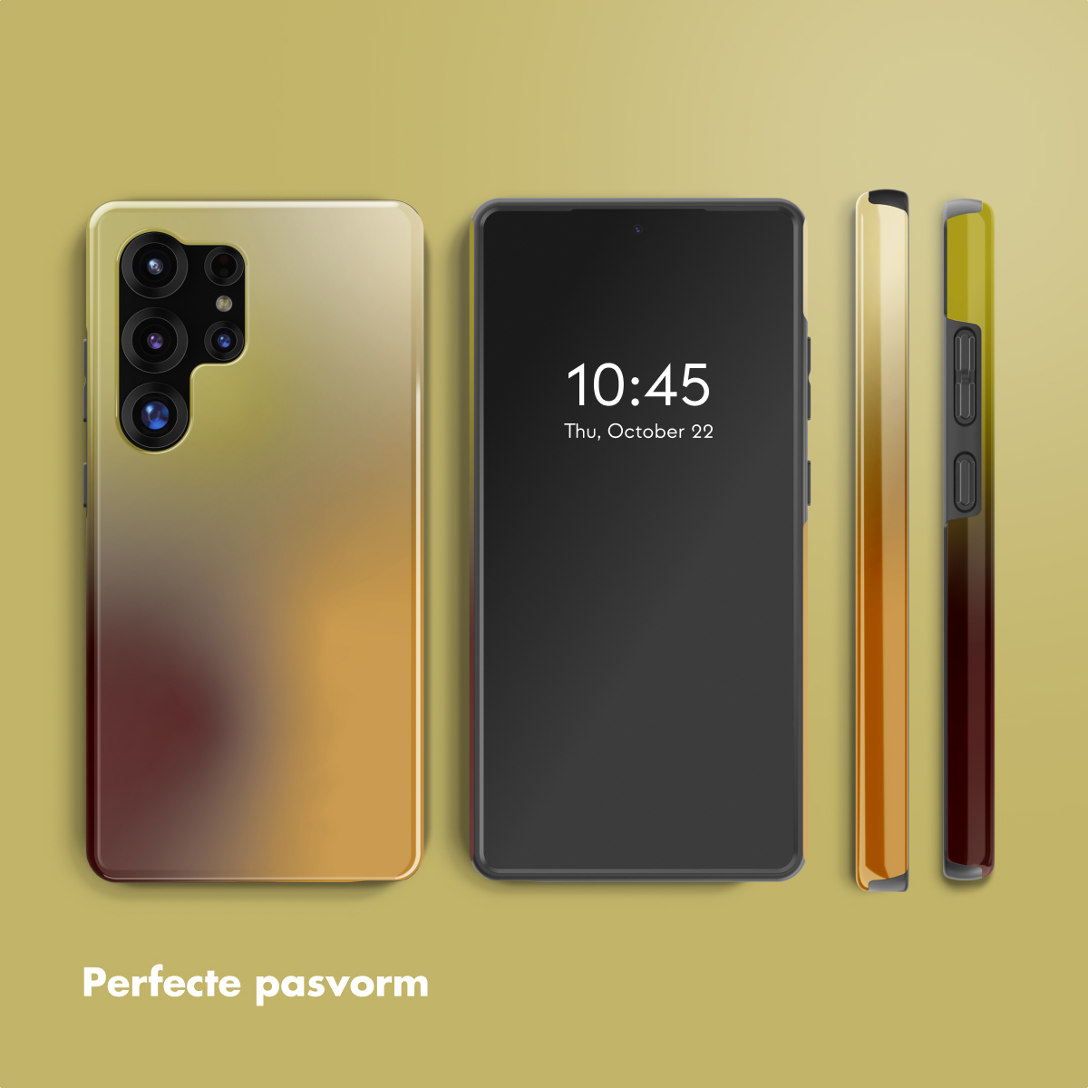 Drie smartphones met verlopende hoesjes en een donker scherm met de tijd. Hoesjes hebben gele, oranje en bordeaux tinten.