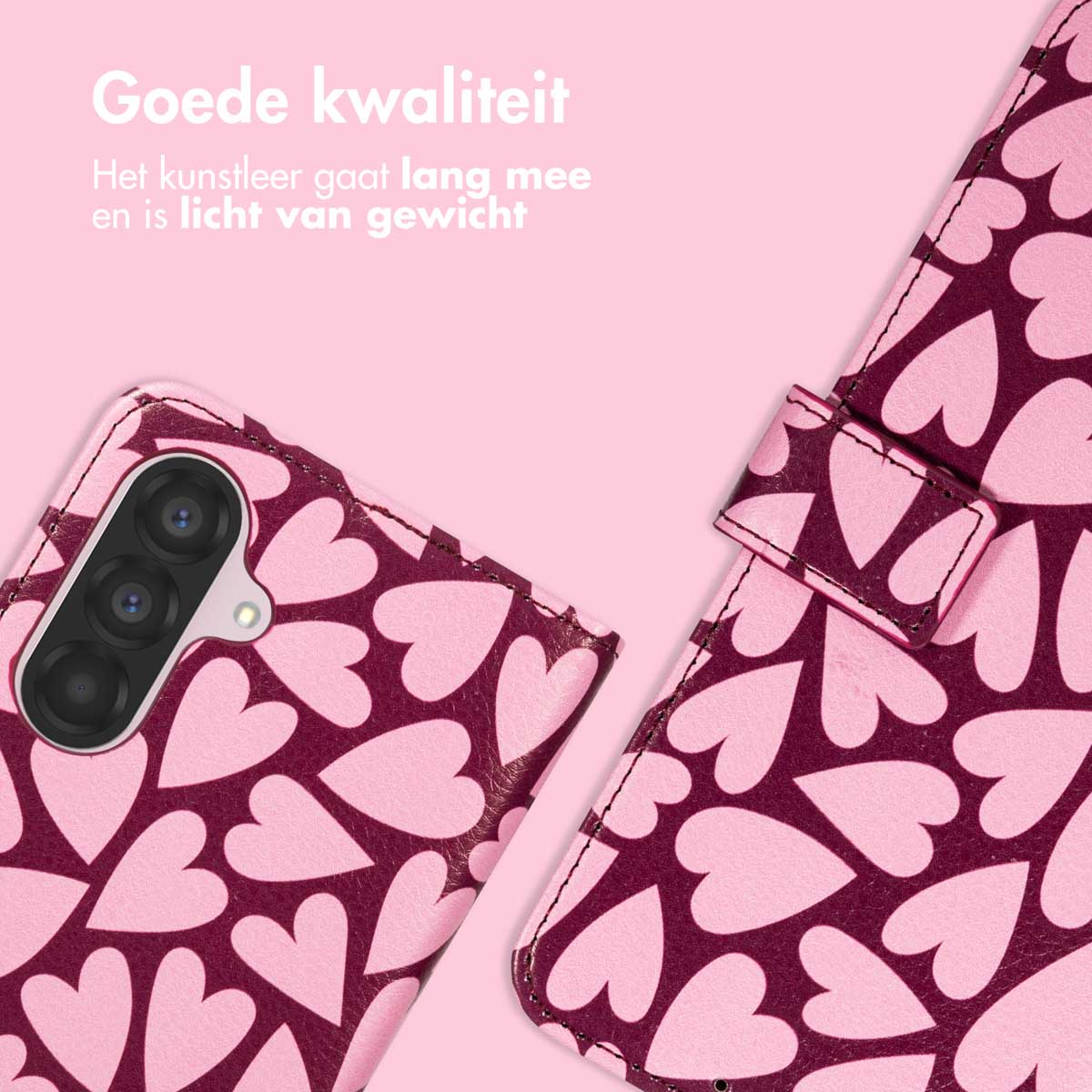 Un étui de téléphone rose avec un motif de cœurs. L'étui a un téléphone et une fermeture magnétique. Le fond est rose.