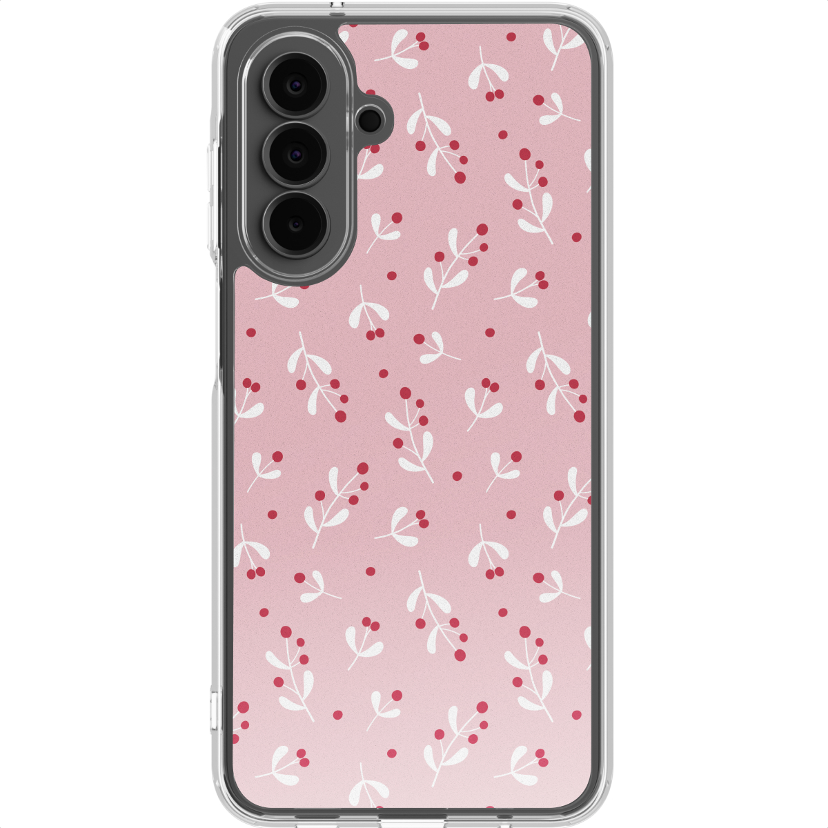 Telefoonhoesje met roze achtergrond, witte bladeren en rode bessen. Een telefoon met drie camera's staat links.