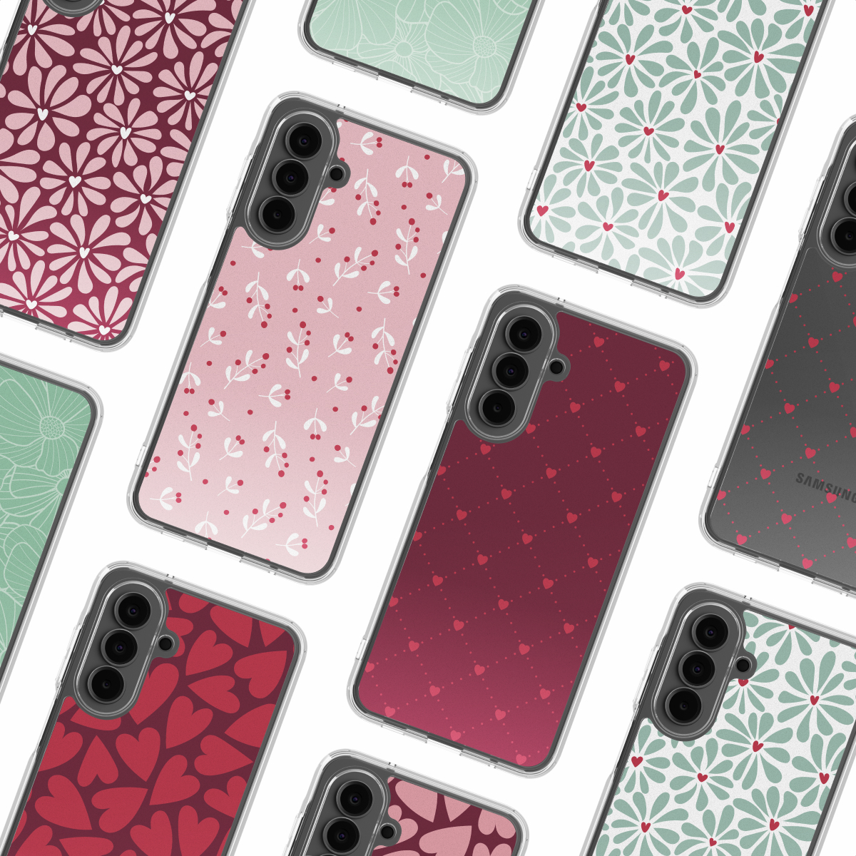 Verschillende telefoonhoesjes met verschillende bloemen- en hartpatronen worden getoond. De kleuren variëren van roze en rood tot groen, met een witte achtergrond.
