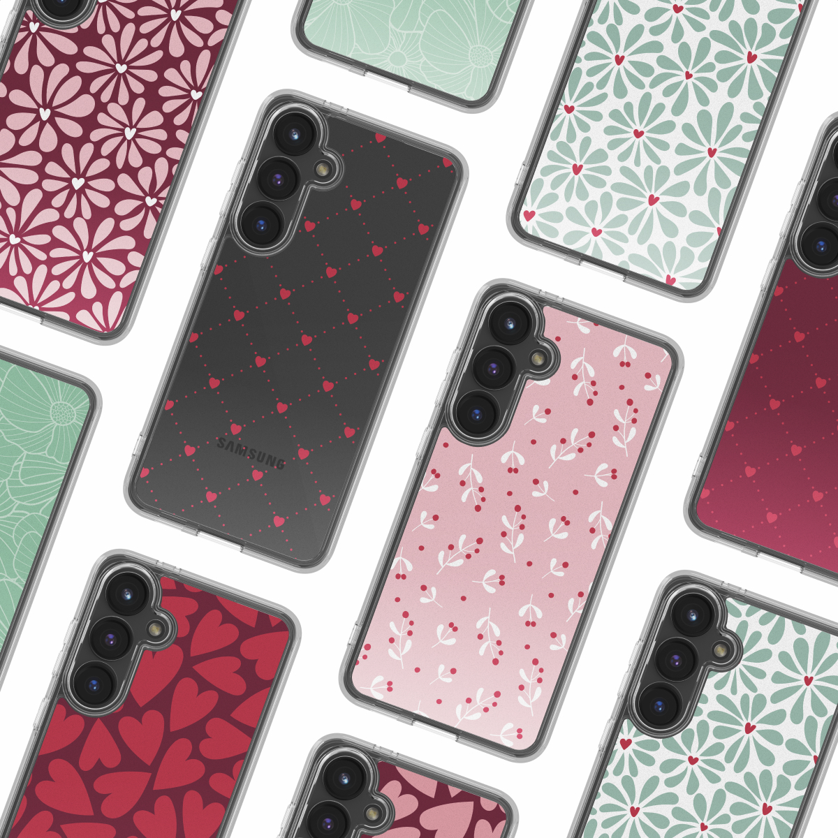 Verschillende Samsung-telefoons met verschillende patroonhoesjes. Ontwerpen omvatten harten, bloemen en bladeren in rood, roze en groen.