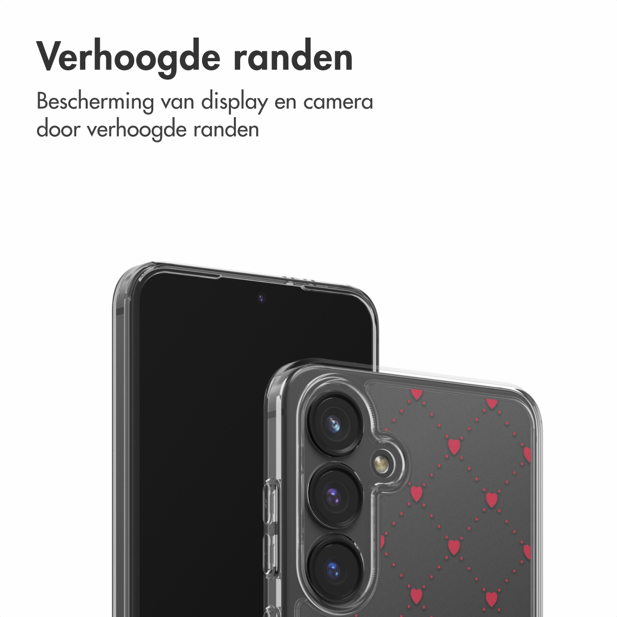 Twee telefoons in hoesjes. Eén zwart scherm, één bedekt met rode harten. Tekst erboven: 'Verhoogde randen' voor bescherming.