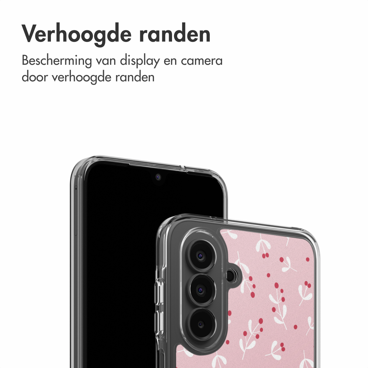 Er worden twee telefoons met hoesjes getoond. Eén hoesje is transparant, de andere heeft een roze patroon van bladeren en rode bessen.