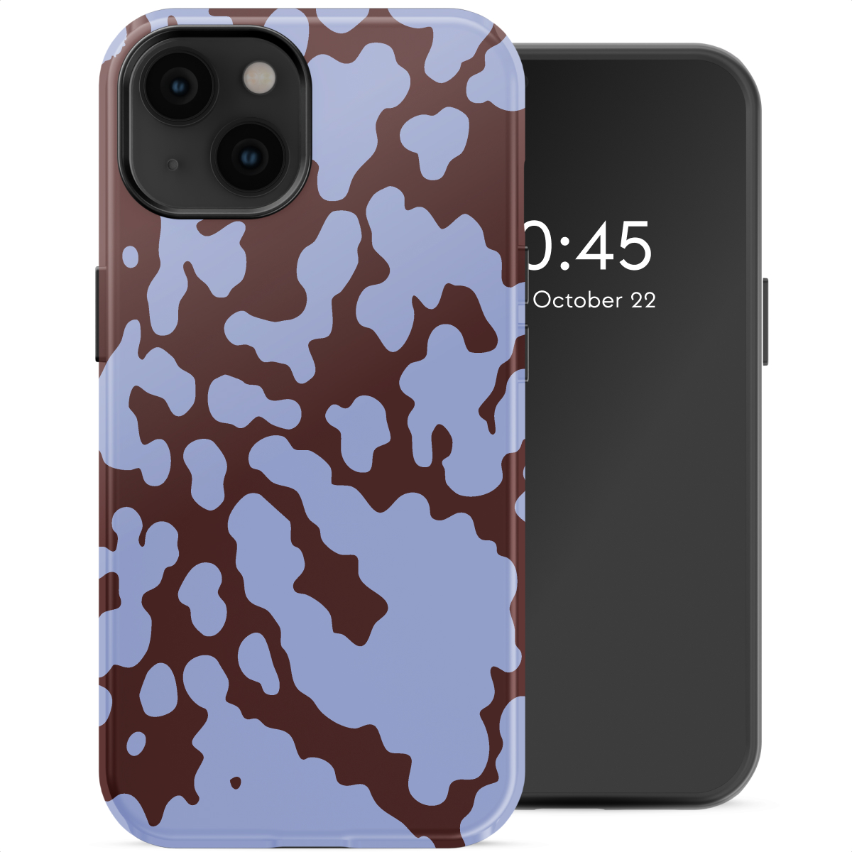 Uno smartphone con una custodia a fantasia, marrone e azzurro. Lo schermo mostra l'ora e la data. Sfondo bianco.
