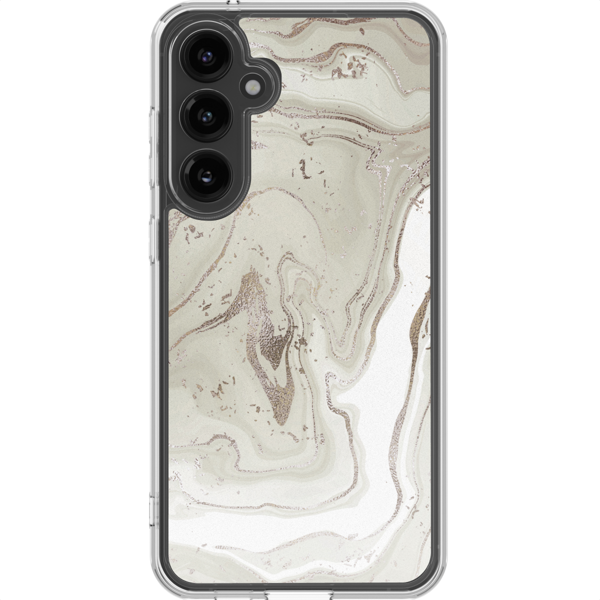 Een telefoonhoesje met een marmerdesign in wit- en goudtinten. De hoes heeft een transparante rand en een uitsparing voor de camera aan de linkerkant.