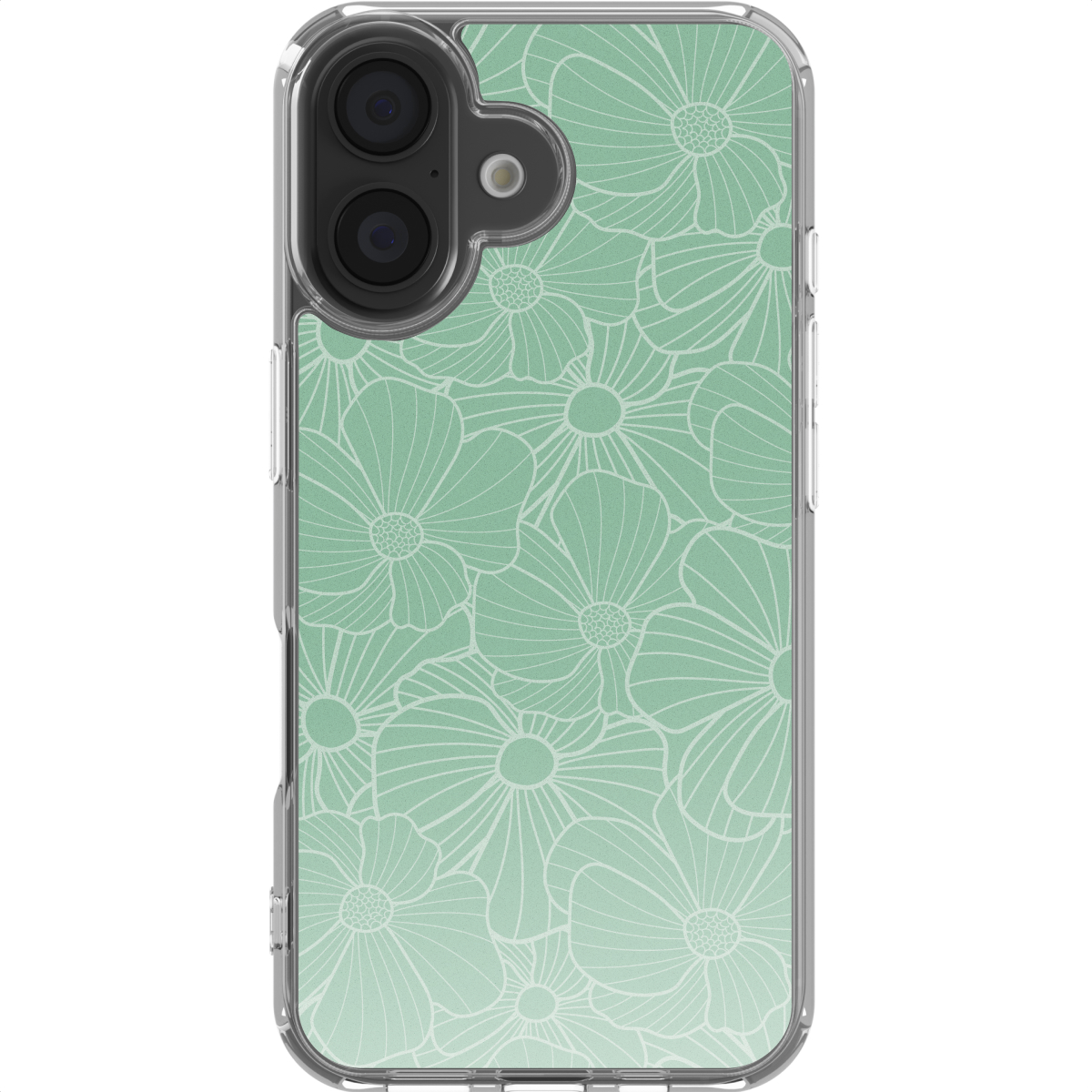 Een telefoonhoesje met een mintgroen bloemenpatroon. De hoes is transparant en heeft cameralenzen.