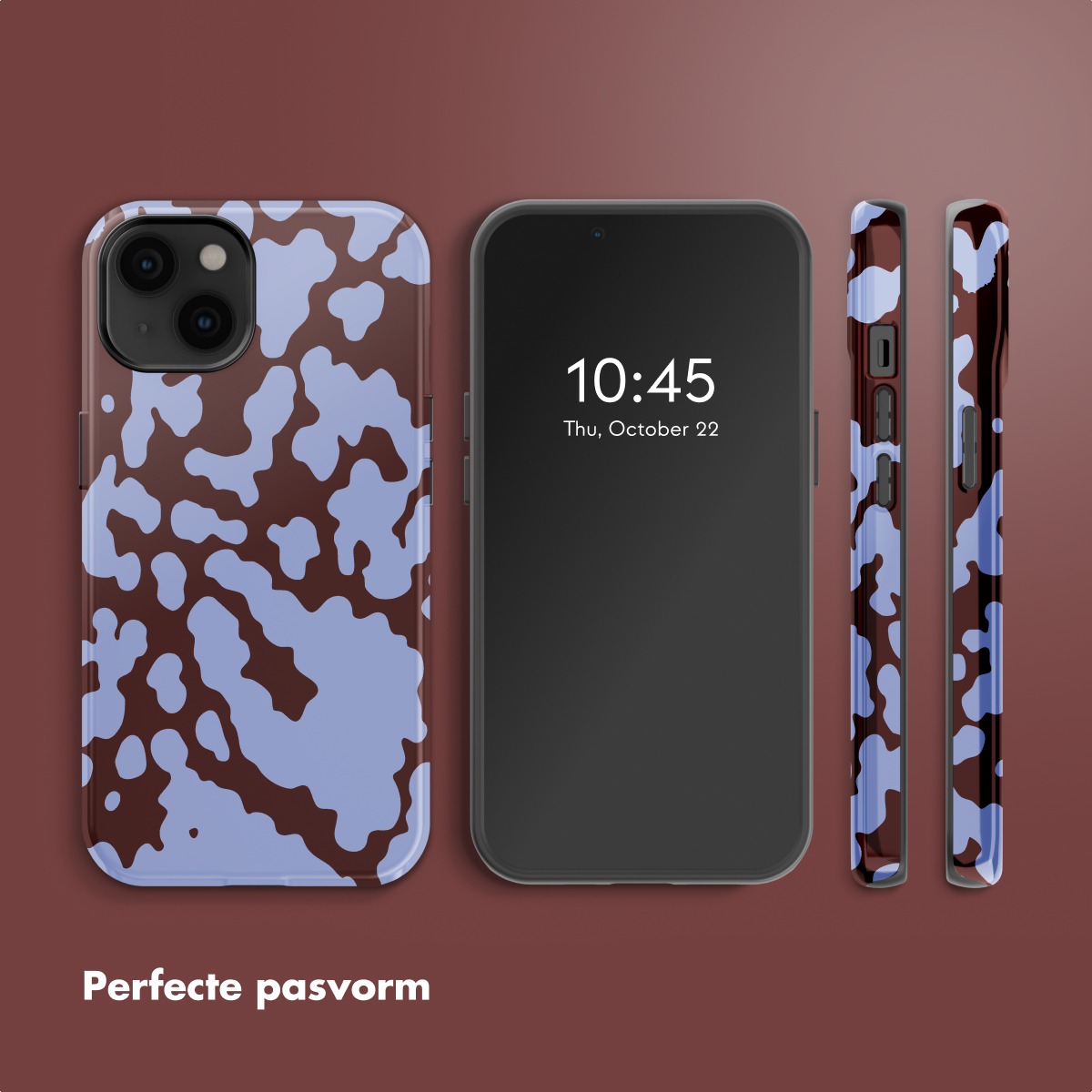 Telefono con custodia, che mostra l'ora. La custodia ha un motivo marrone e blu. Telefono su sfondo marrone.