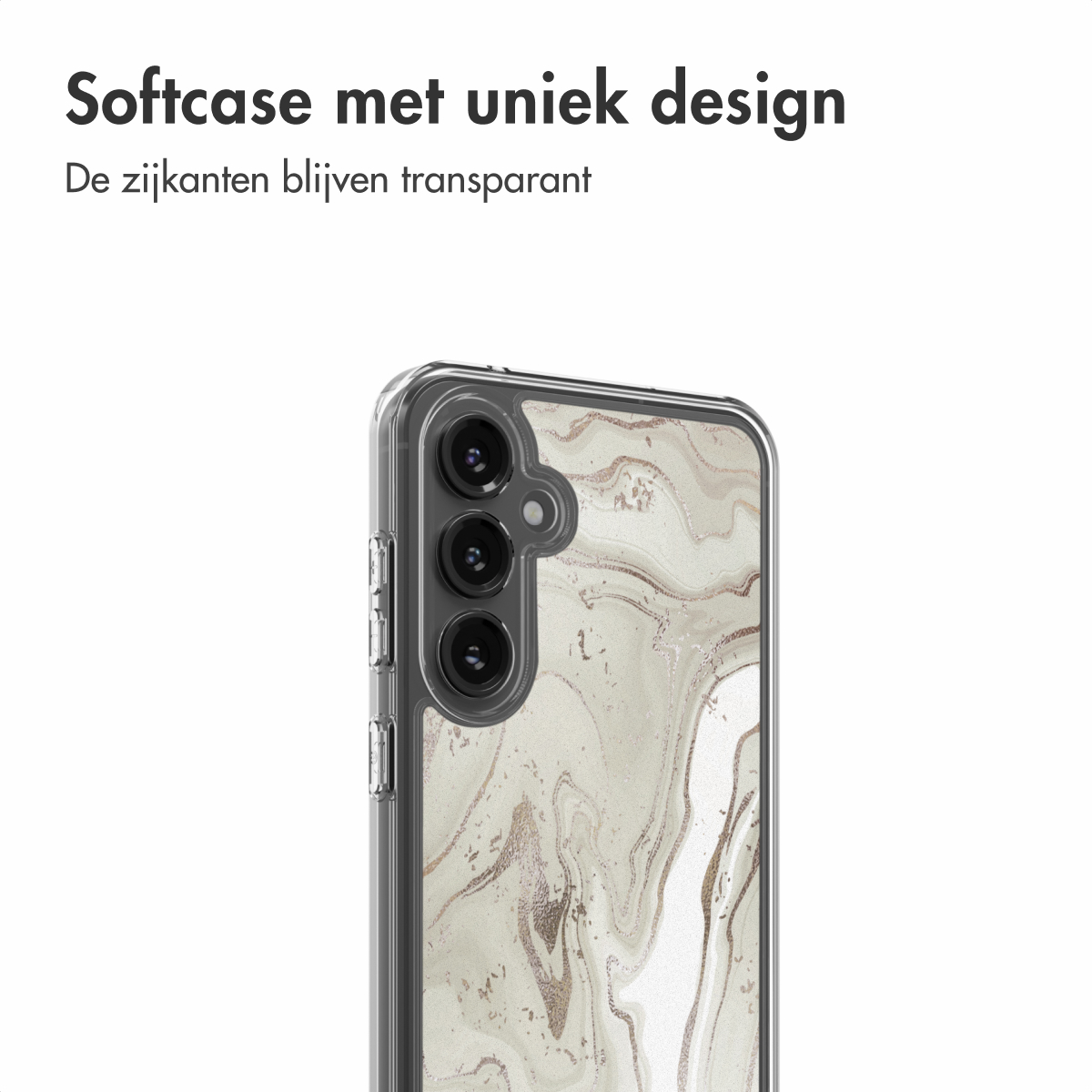 Een transparante telefoonhoes met een uniek marmerontwerp. De hoes heeft drie cameralenzen en staat op een witte achtergrond.