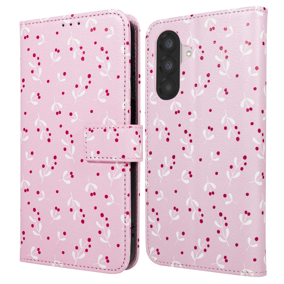 Étui de téléphone rose avec motif de feuilles blanches et baies rouges. Il a une fermeture et une découpe pour l'appareil photo.