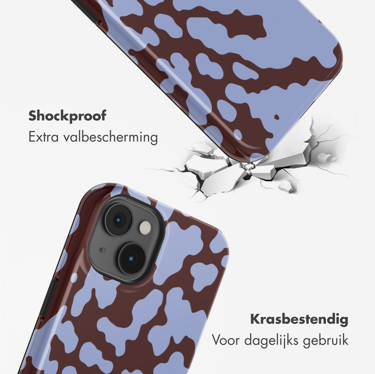 Due smartphone con custodie con stampa di mucca marrone e blu. Uno sta cadendo e sta incrinando la superficie. Il testo recita 'Shockproof' e 'Krasbestendig'.
