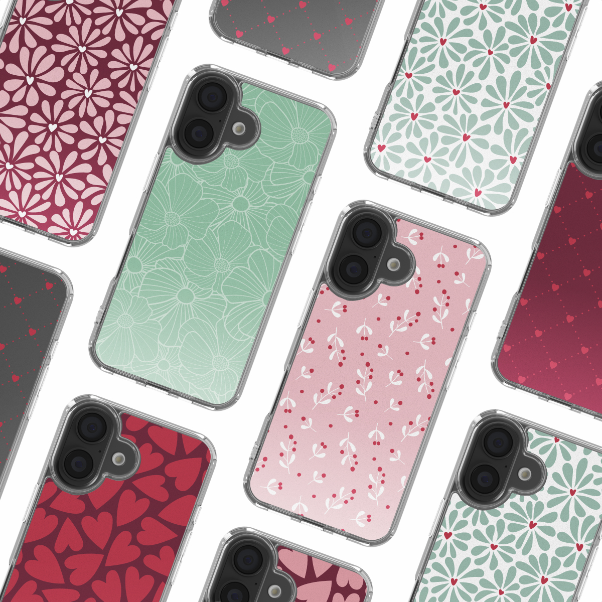 Verschillende telefoonhoesjes met bloemen-, hart- en bessenpatronen. De hoesjes zijn in verschillende kleuren zoals roze, groen en rood, op een witte achtergrond.
