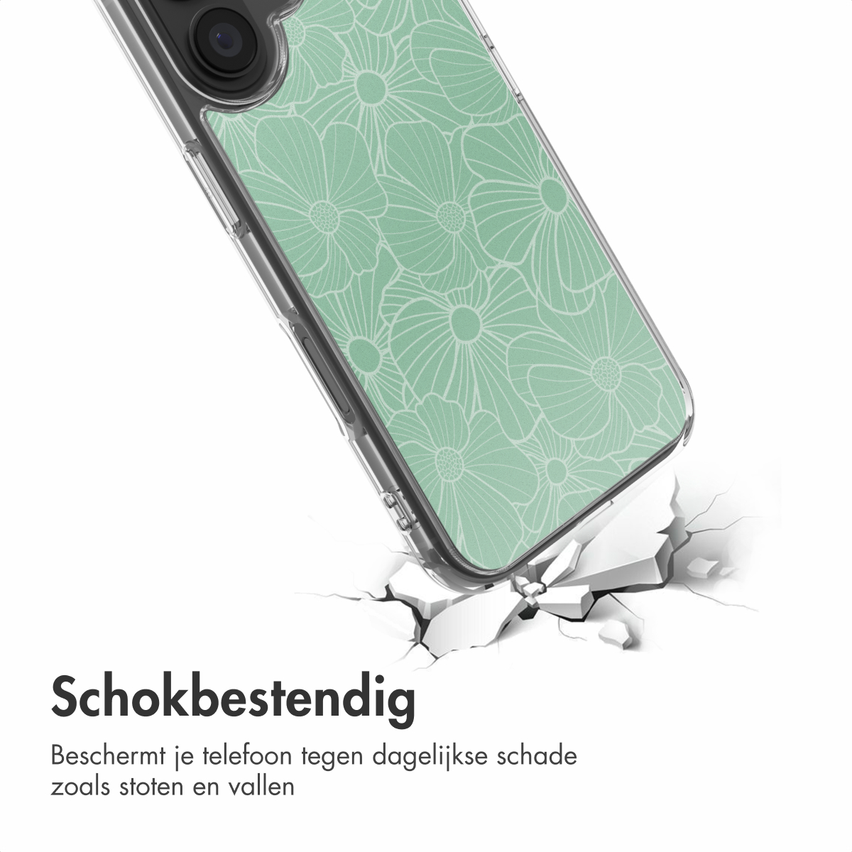 Een telefoonhoesje met bloemenpatroon breekt een oppervlak. Tekst 'Schokbestendig' onderaan. De hoes is groen en wit.