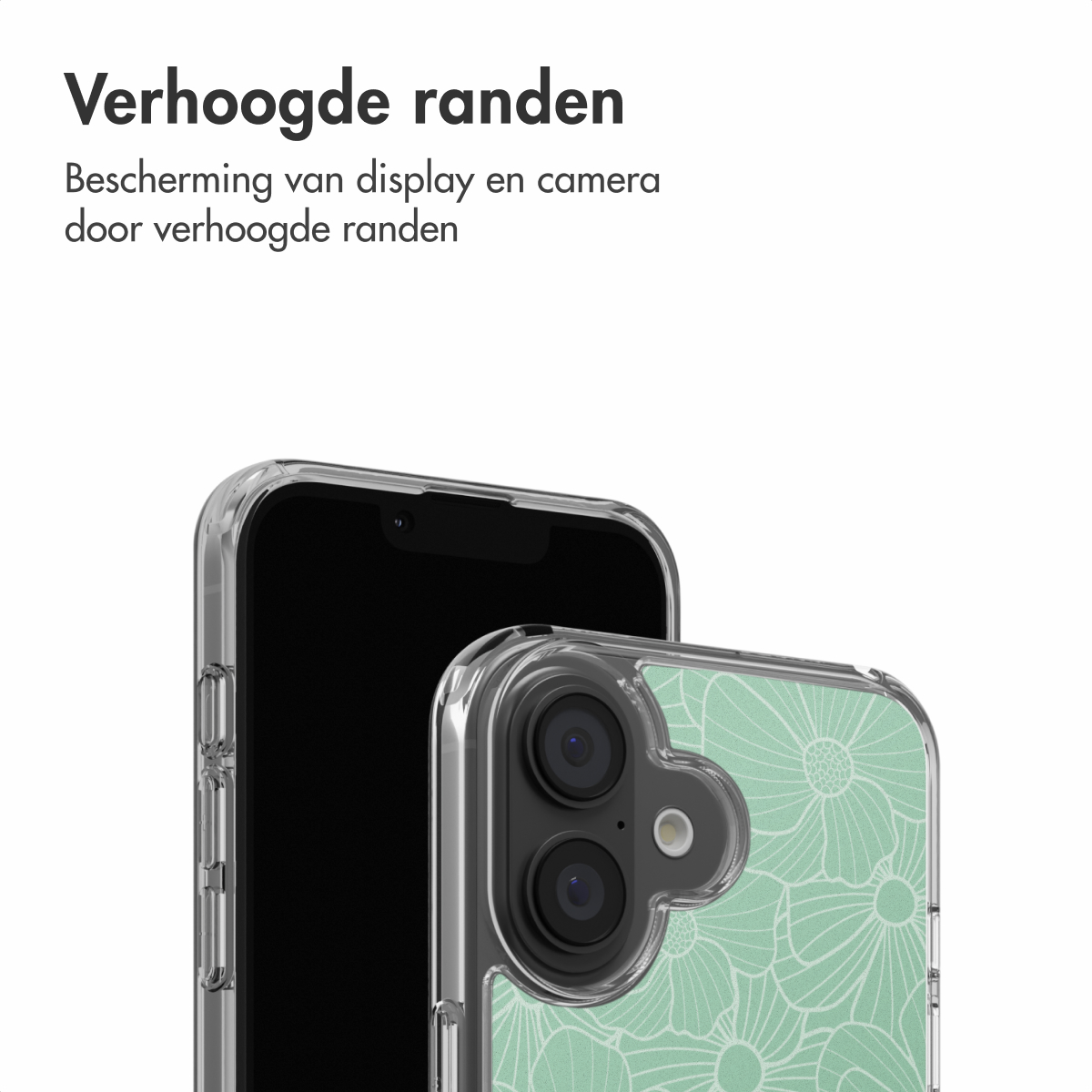 Zwei Smartphones in Schutzhüllen werden gezeigt. Eines ist schwarz, das andere hat ein mintgrünes Blumendesign.