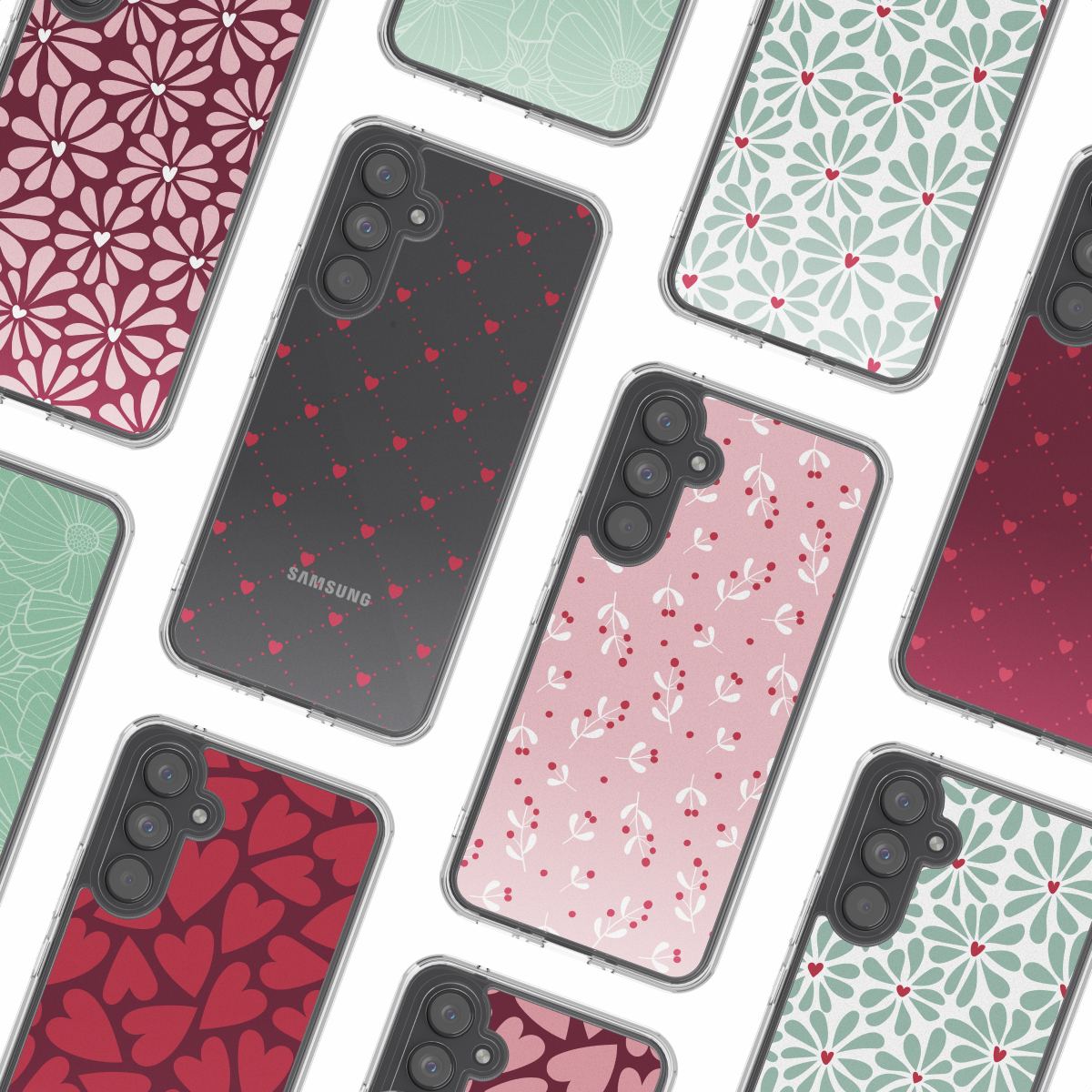 Plusieurs coques de téléphone avec différents motifs : cœurs, fleurs et feuilles. Les coques sont de différentes couleurs, dont le rouge, le rose et le vert.