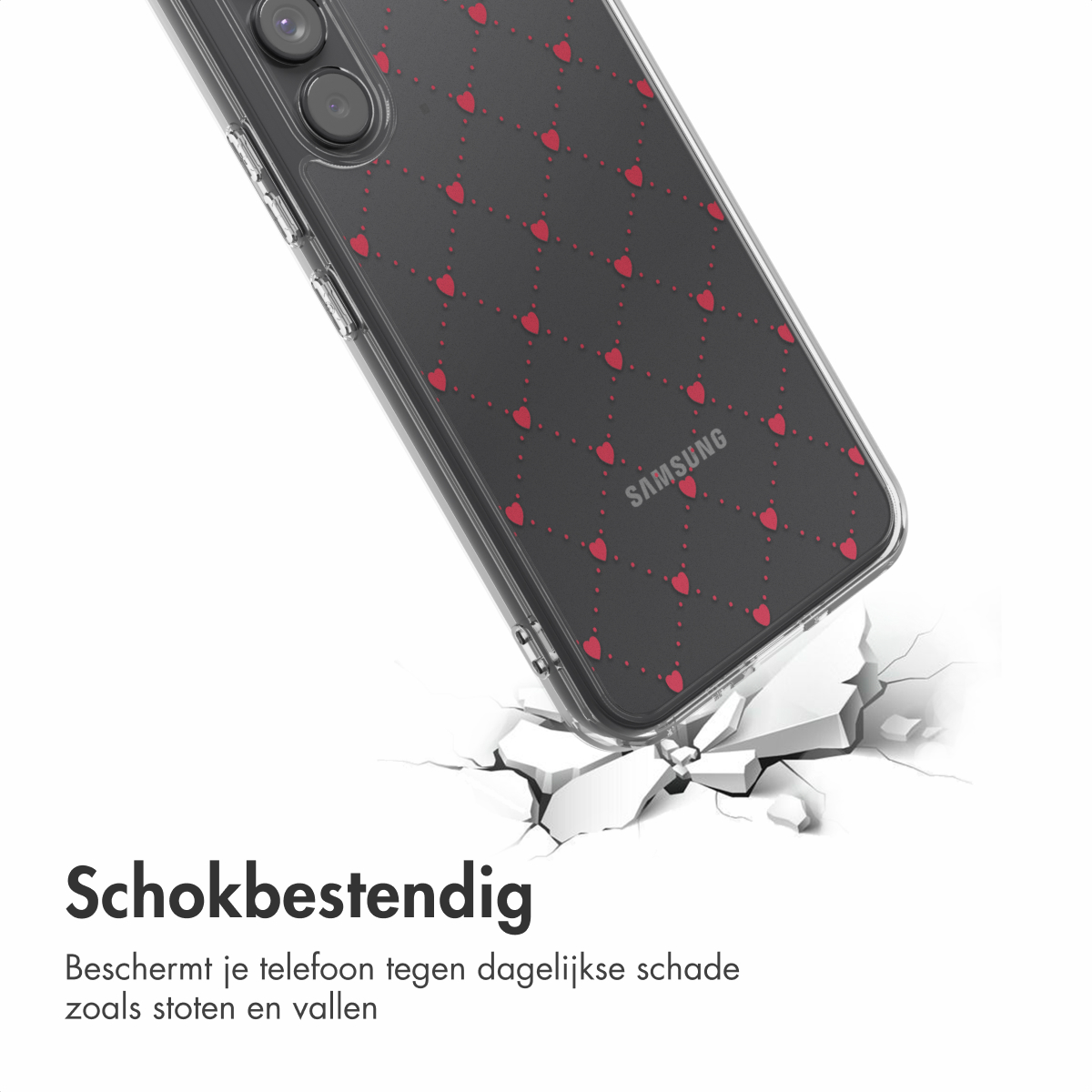 Une coque de téléphone avec un motif de cœurs rouges est sur une surface blanche. La coque est légèrement fissurée. Le mot 'Anti-choc' est écrit en dessous.