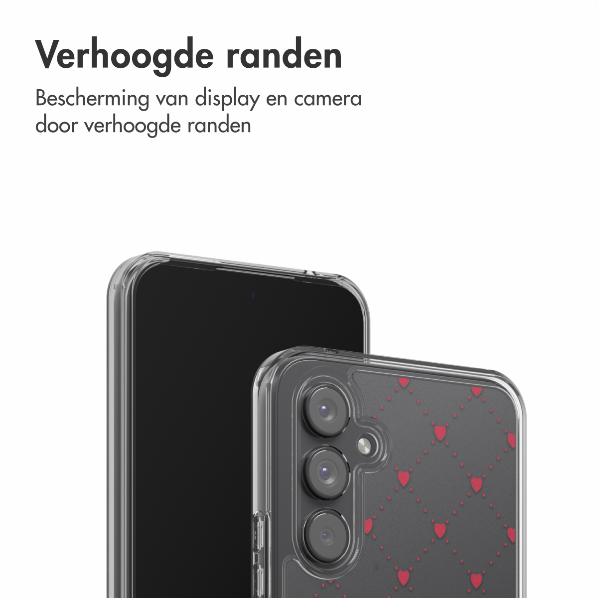 Deux téléphones, un avec écran noir, l'autre avec une coque à cœurs rouges. Les deux sur fond blanc.