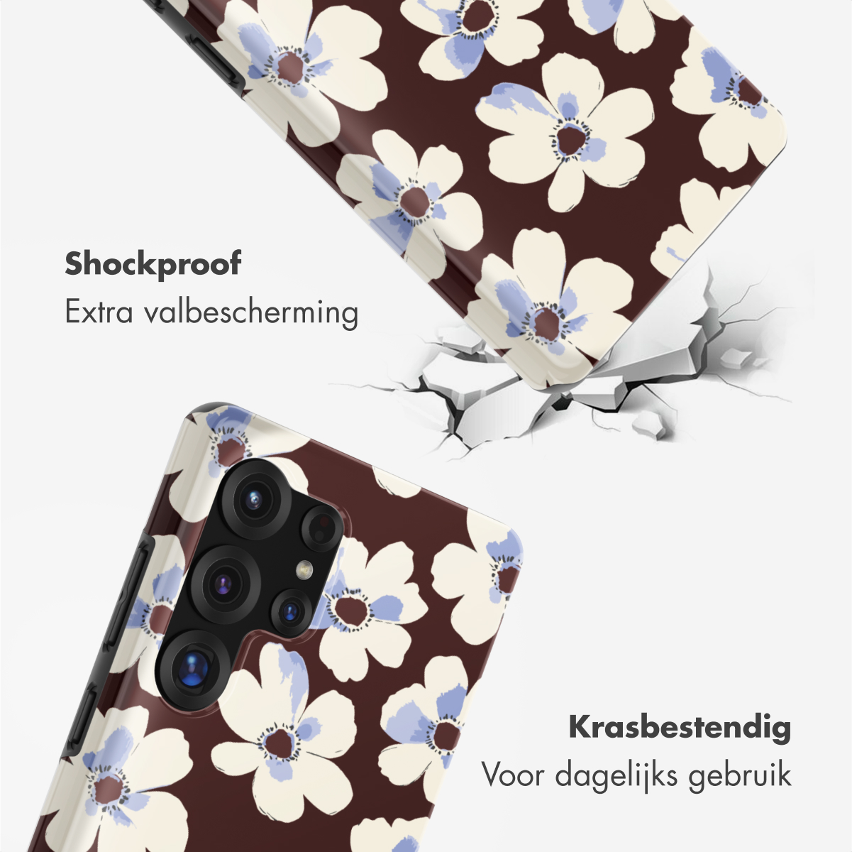 Deux coques de téléphone avec des motifs floraux. L'une tombe, brisant la surface en dessous. Les légendes décrivent l'antichoc et la résistance aux rayures.