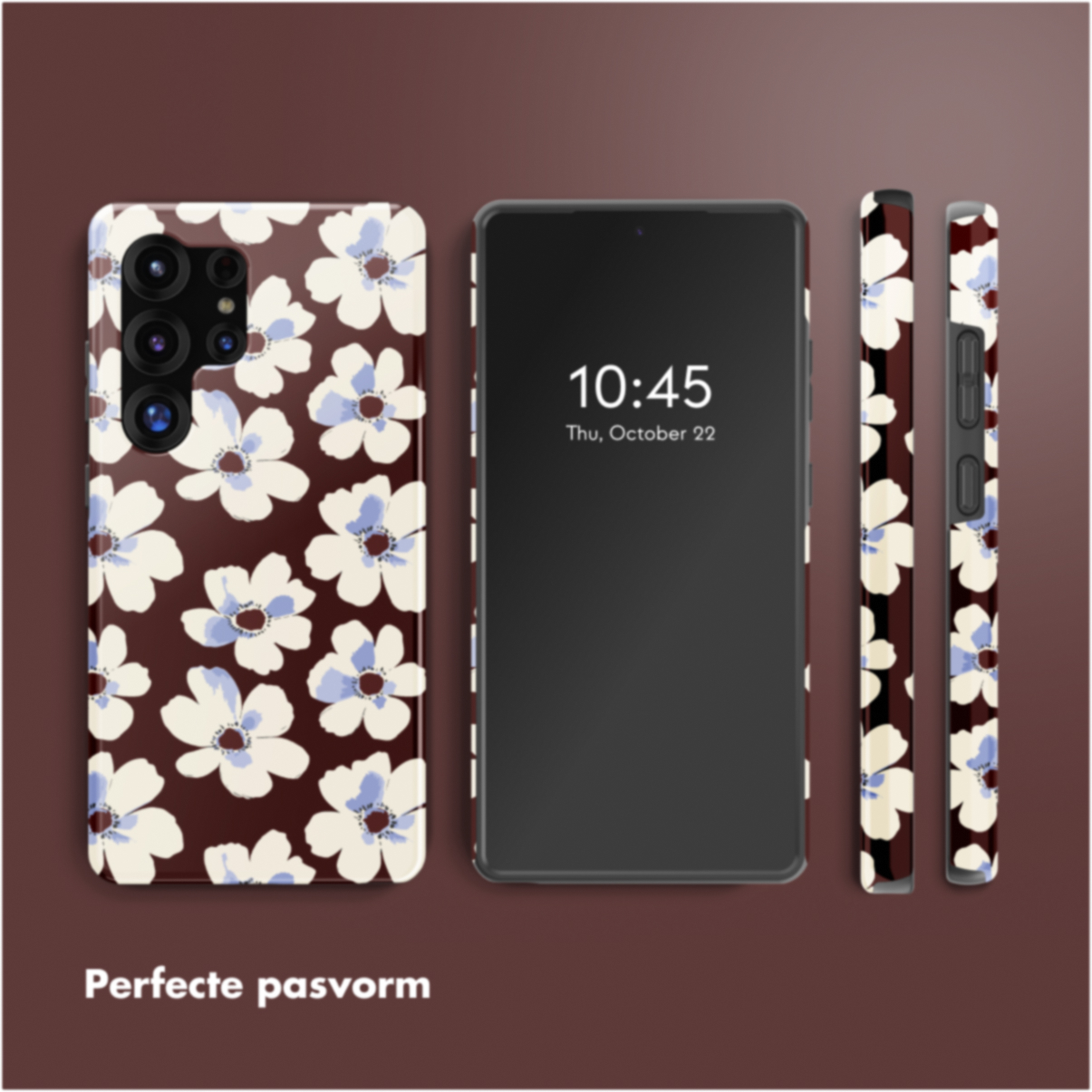Coque de téléphone à motif floral, écran du téléphone affichant l'heure. Fond marron avec 'Ajustement parfait'.