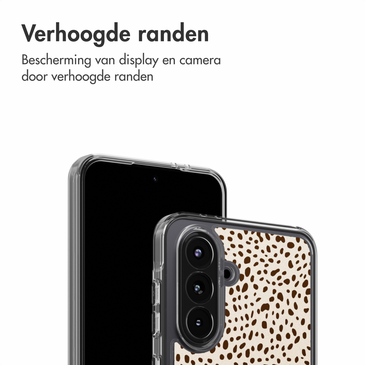 Primo piano di uno smartphone in una custodia. La custodia ha un motivo a pois marroni su sfondo beige. Lo schermo è nero.