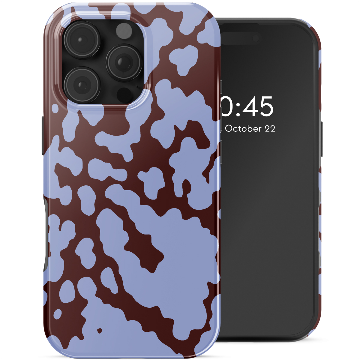 Un téléphone avec une coque à motifs. La coque présente des formes irrégulières marron et bleu clair. L'écran affiche l'heure et la date.