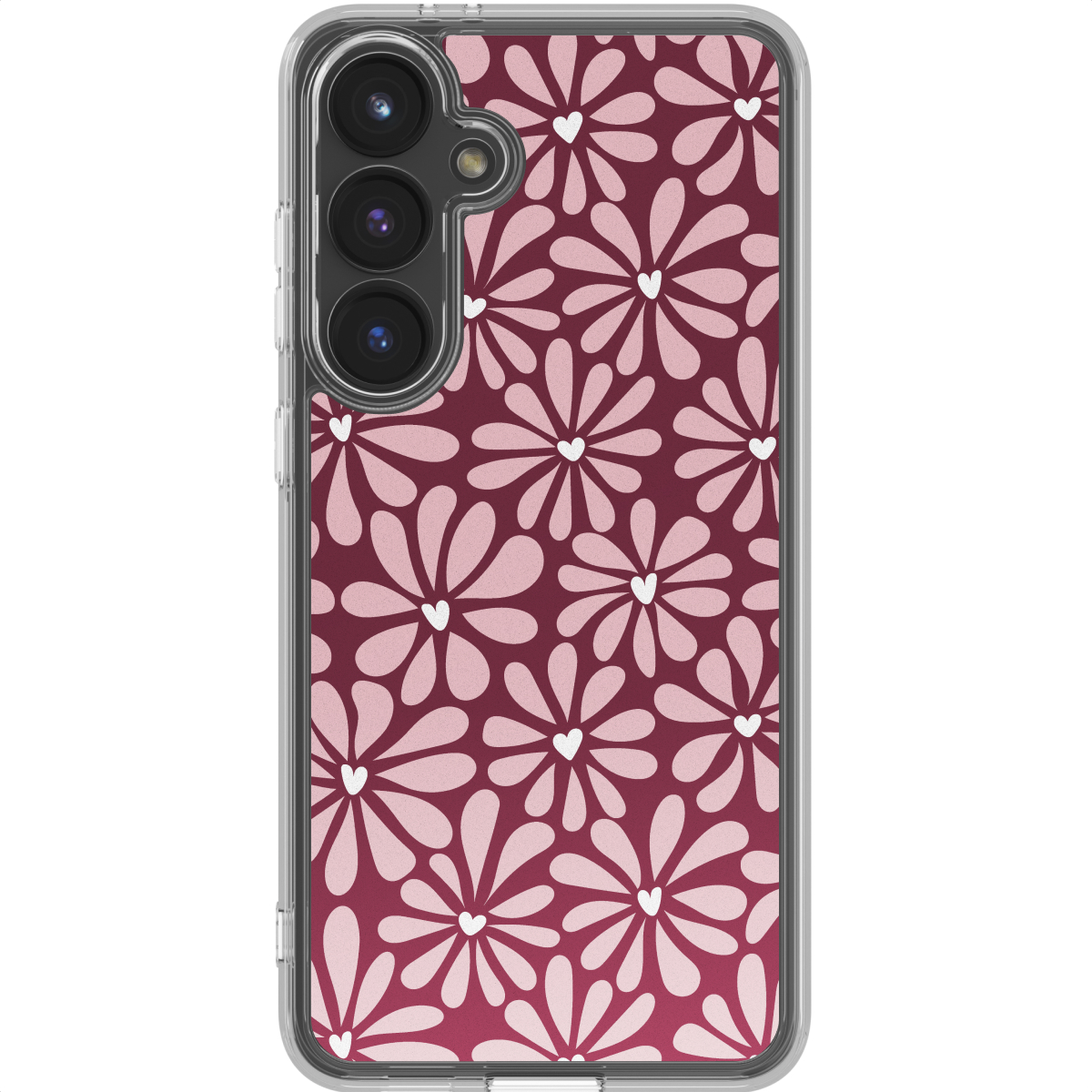 Een telefoon met een bloemenhoesje. De hoes heeft een roze bloemenpatroon met witte harten op een bordeauxrode achtergrond.