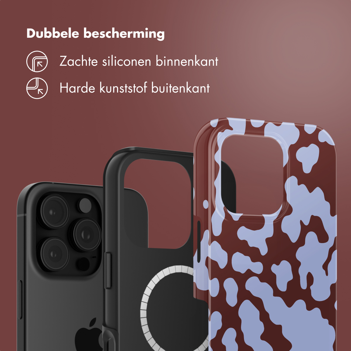 Image d'étuis de téléphone. Un noir, un cadre noir et un motif marron et bleu. Texte : Double protection.
