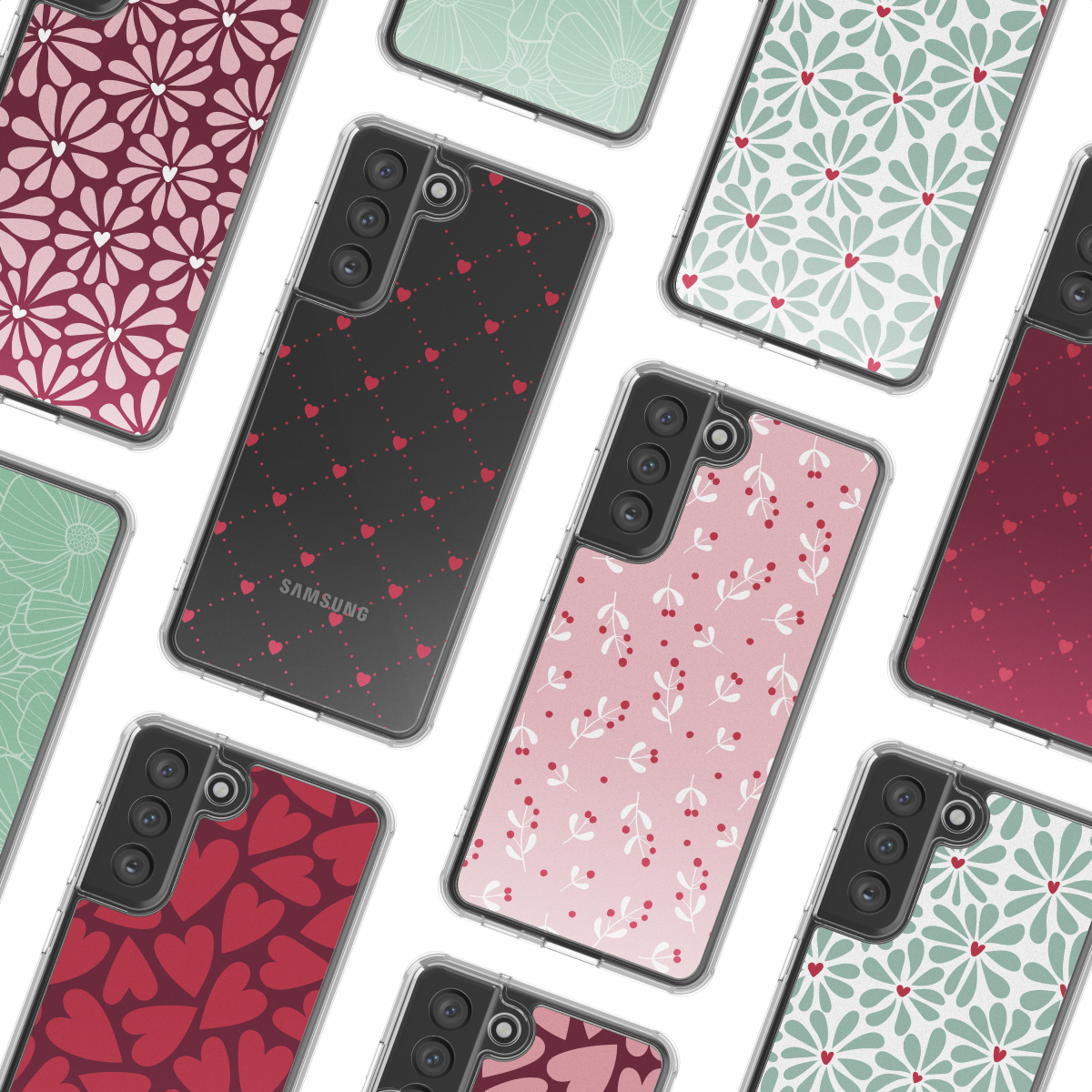 Collectie smartphonehoesjes met diverse patronen: harten, bloemmotieven en geometrische vormen. De hoesjes zijn transparant met zwarte telefoonlichamen.