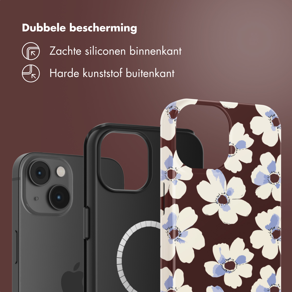 Drie telefoonhoesjes. Eén zwart, één met zwarte basis en witte cirkel en één met bloemenpatroon op bruine achtergrond.