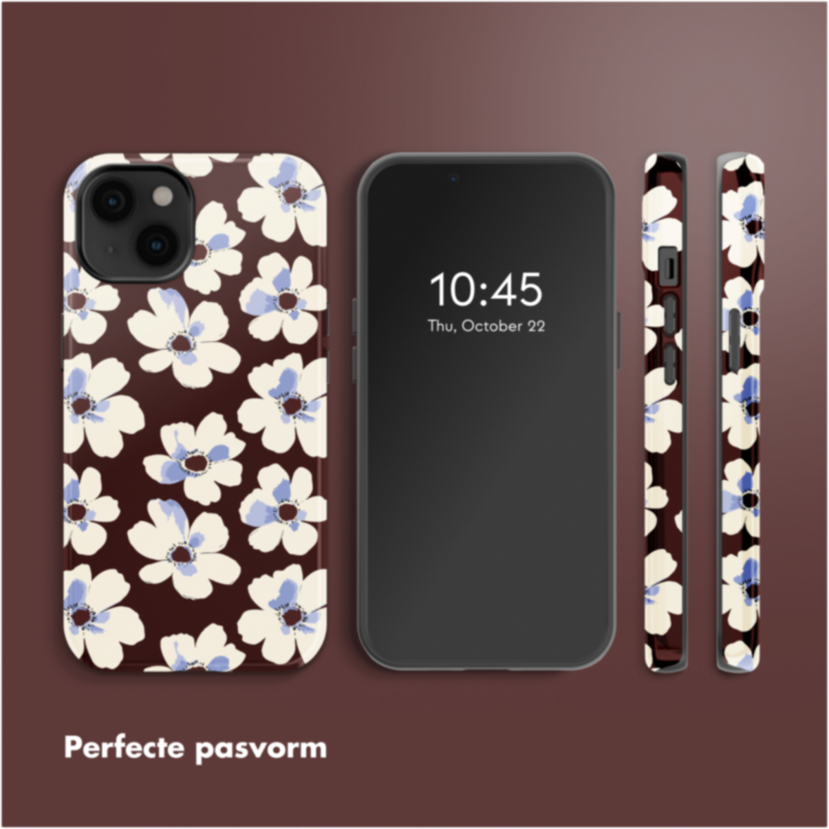Telefoonhoesje met wit en blauw bloemenpatroon, een zwarte telefoon met de tijd en twee zijaanzichten van de hoes.