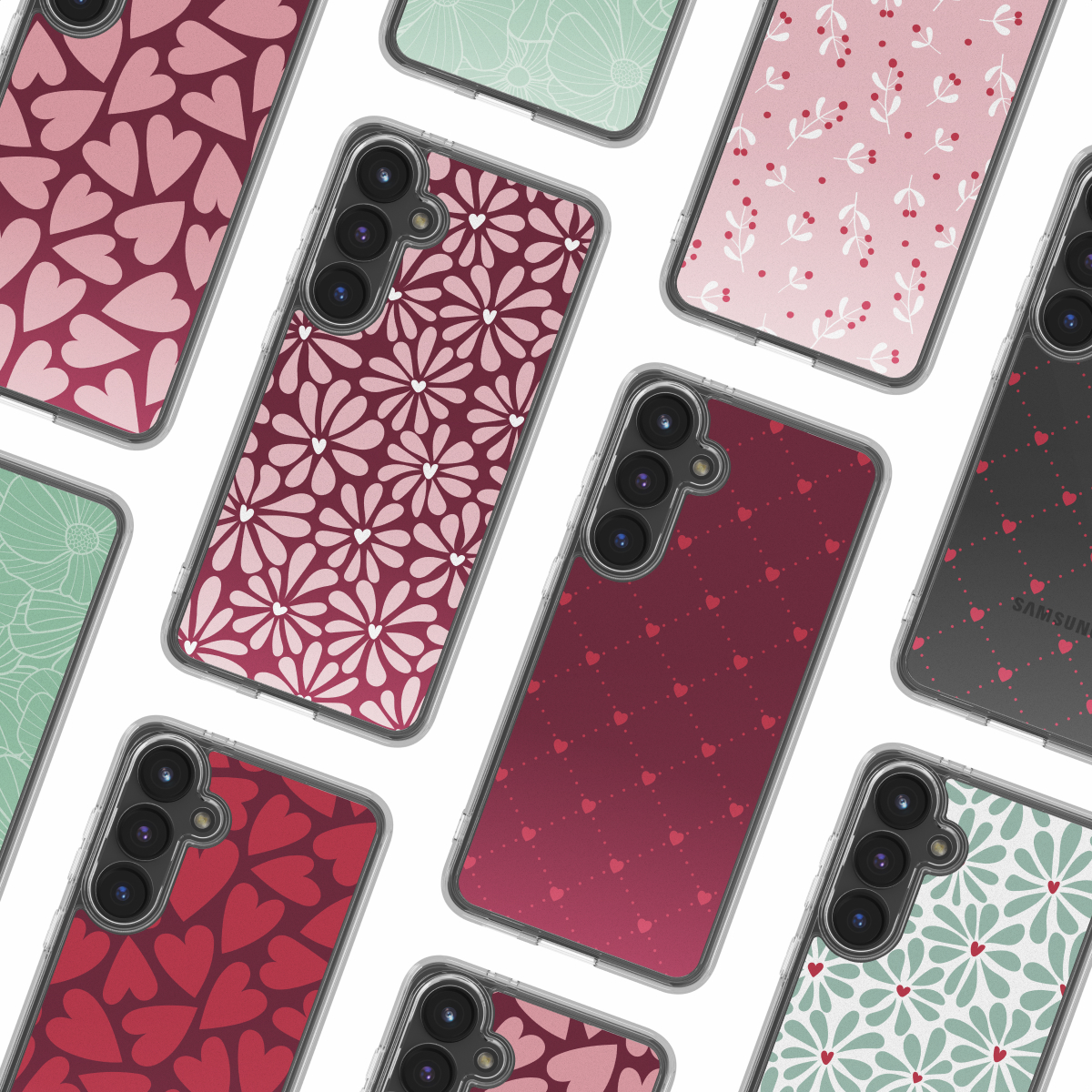 Een verzameling telefoonhoesjes met verschillende bloemen- en hartpatronen. Hoesjes hebben doorzichtige randen, telefoons zijn zichtbaar.